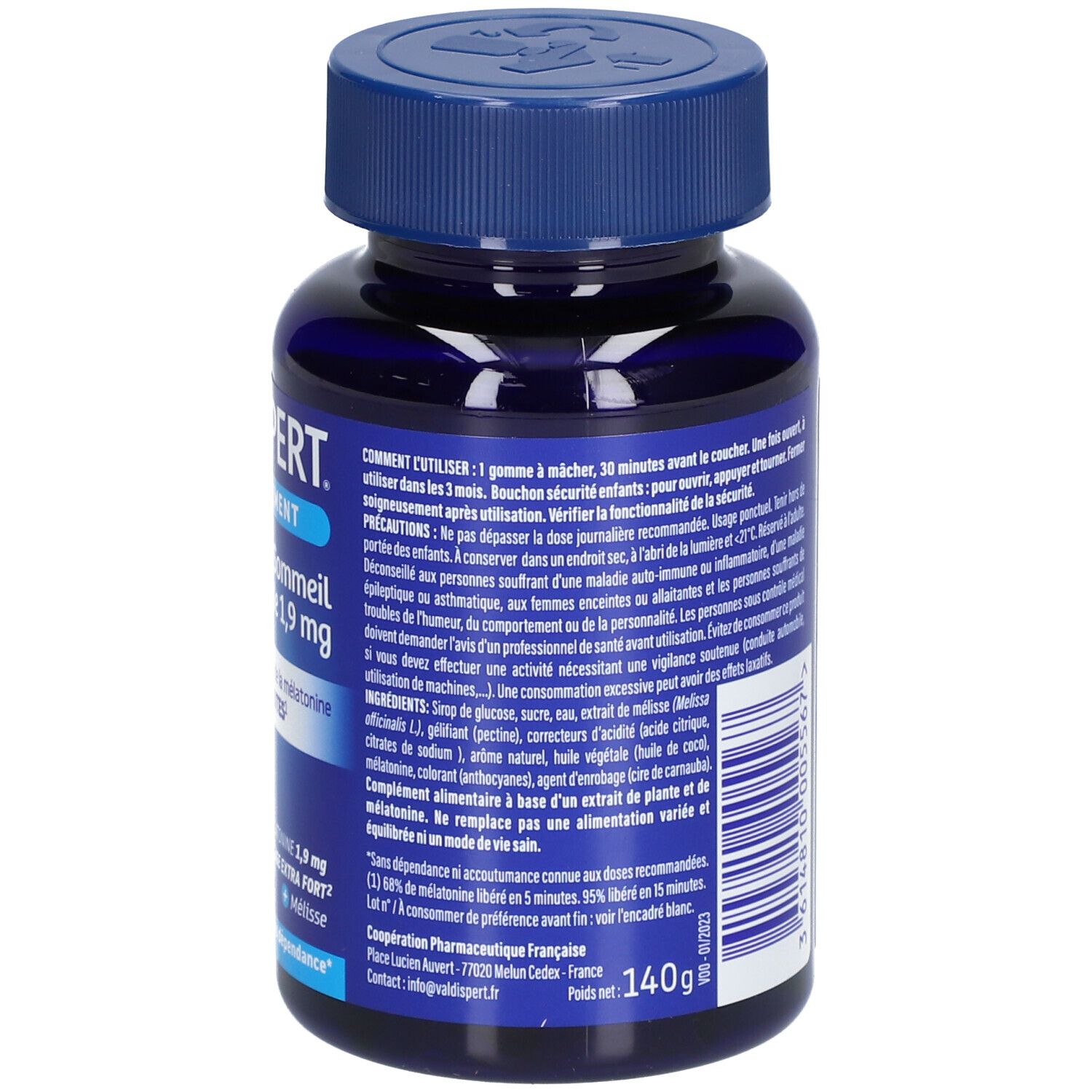 Dos du flacon bleu VALDISPERT. Texte, ingrédients, instructions d'utilisation. Endormissement Sommeil Rapide 1,9 mg.
