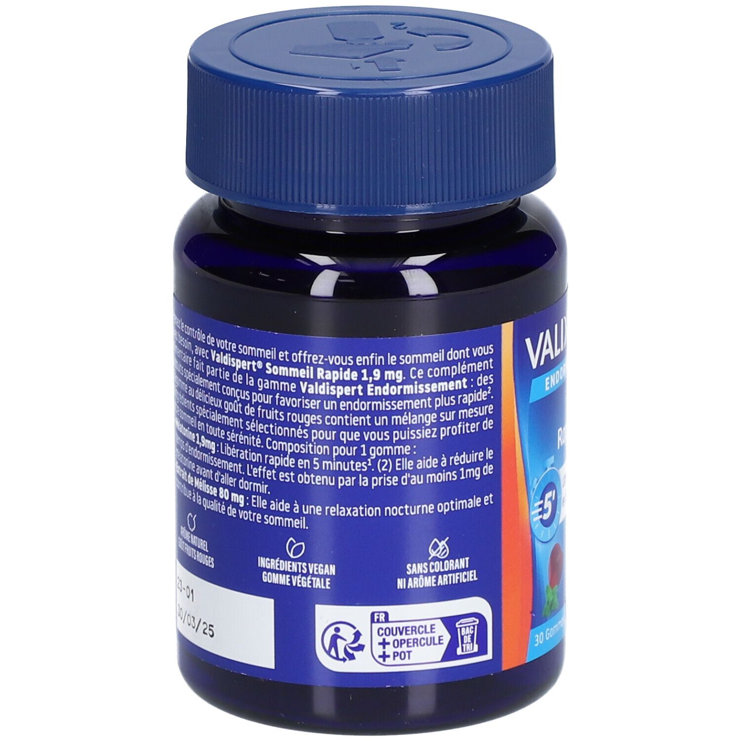 Dos du flacon bleu. Texte: VALDISPERT Endormissement. Ingrédients: gommes végétales, sans colorant, sans arôme artificiel.