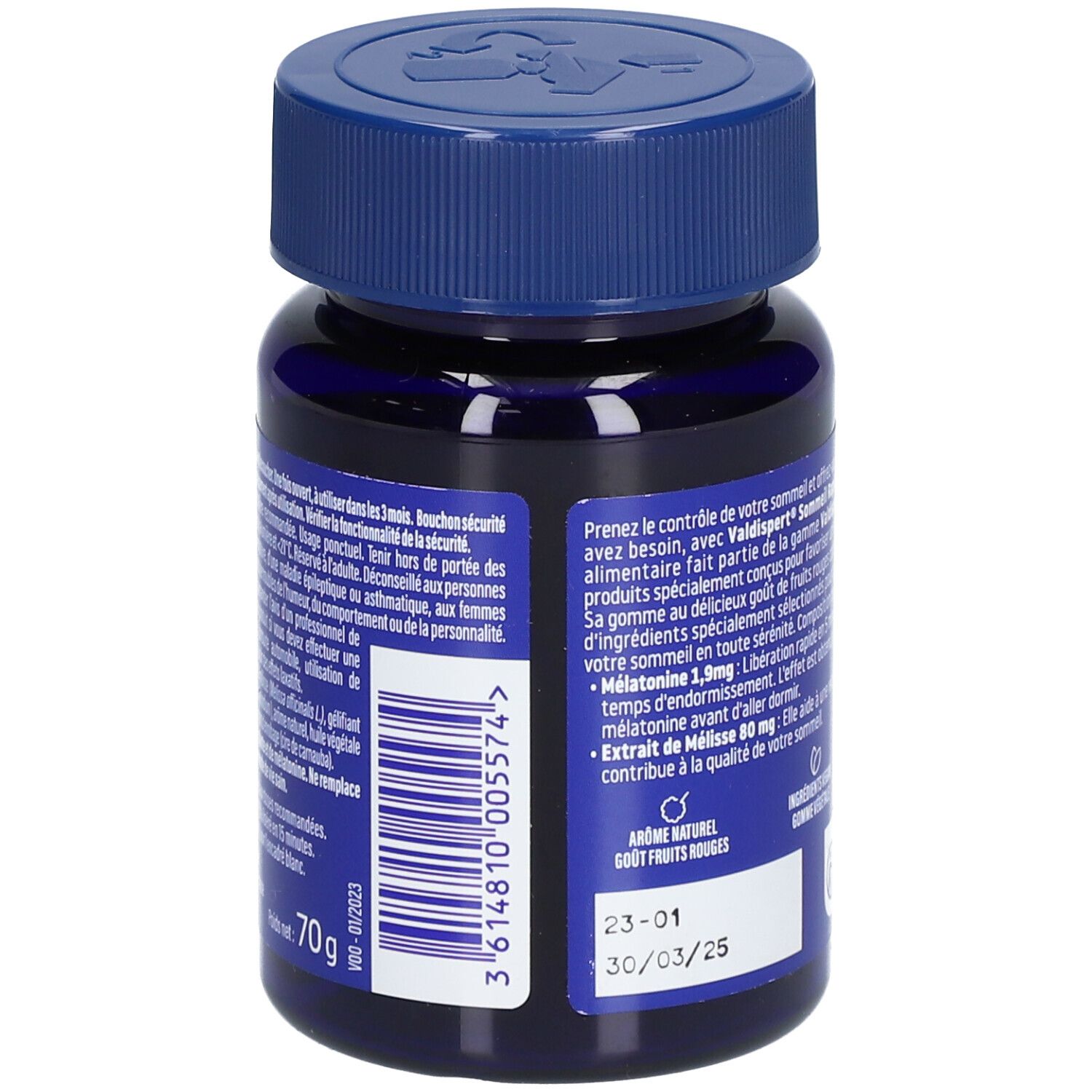 Dos du flacon bleu. Texte: VALDISPERT Endormissement. DDM: 30/03/25. Arômes: fruits rouges.