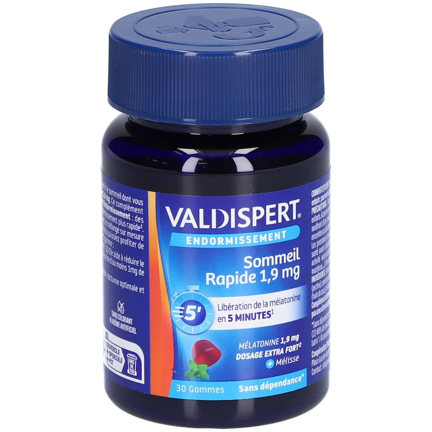 Flacon bleu avec étiquette VALDISPERT. Inscription: Endormissement Sommeil Rapide 1,9 mg. 30 gommes. Sans dépendance.
