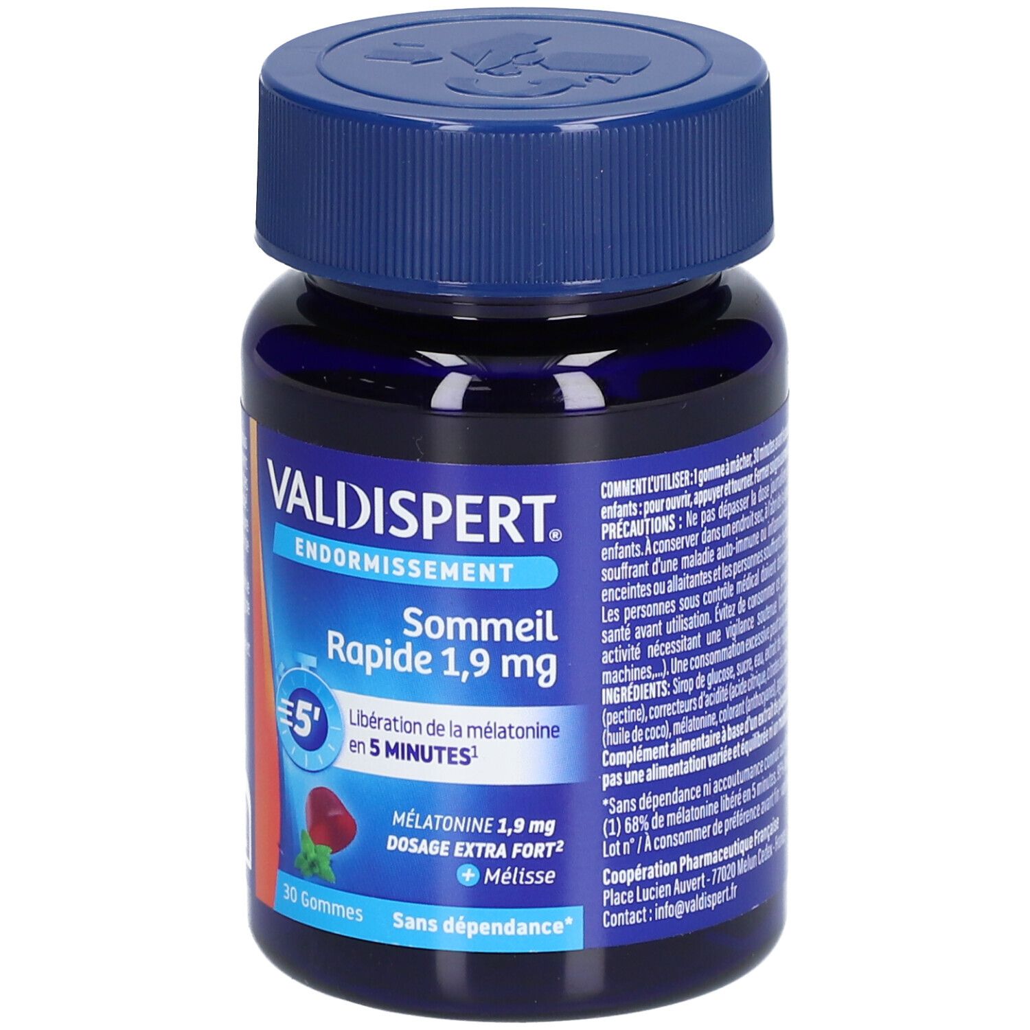 Flacon bleu avec étiquette VALDISPERT. Inscription: Endormissement Sommeil Rapide 1,9 mg. 30 gommes. Sans dépendance.