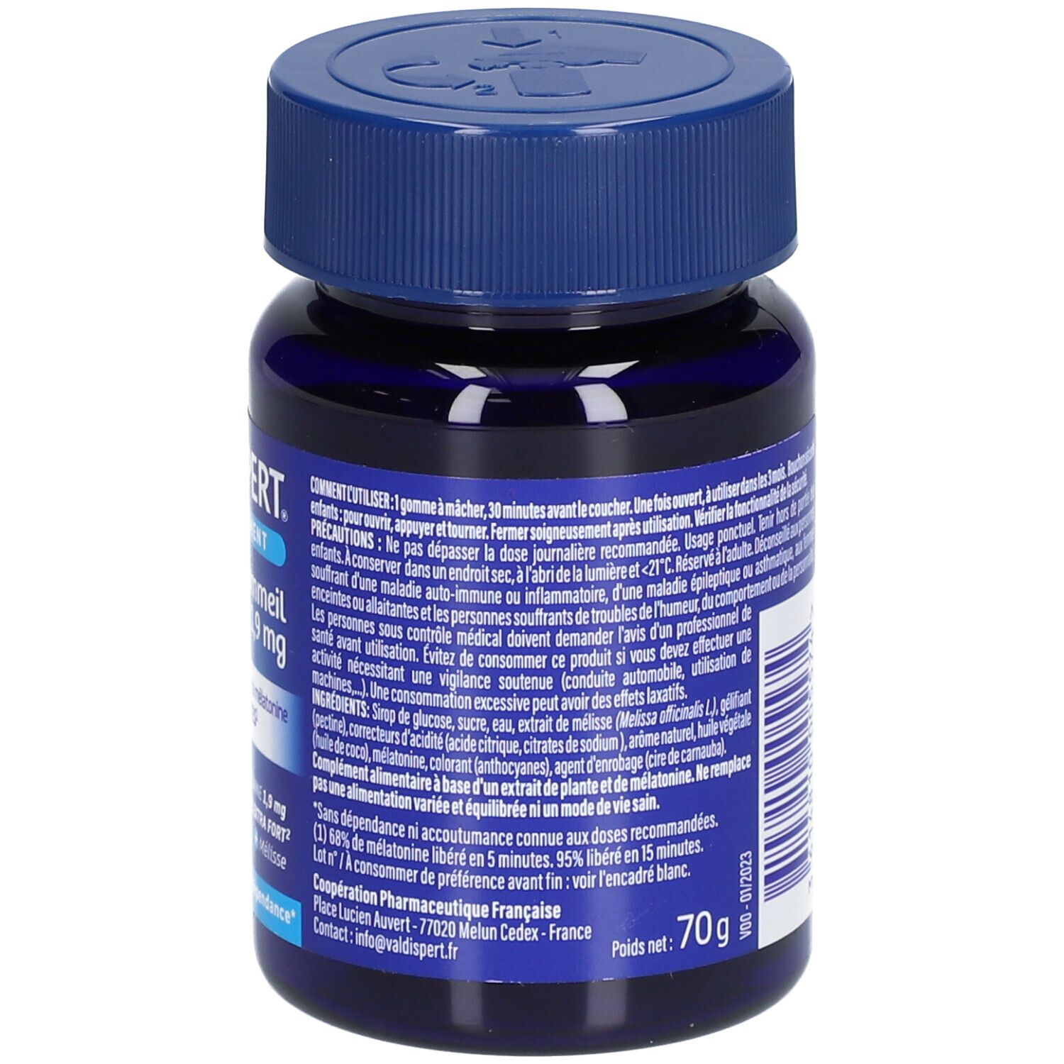 Dos du flacon bleu. Texte: VALDISPERT Endormissement. Poids net: 70g. Ingrédients et instructions d'utilisation.