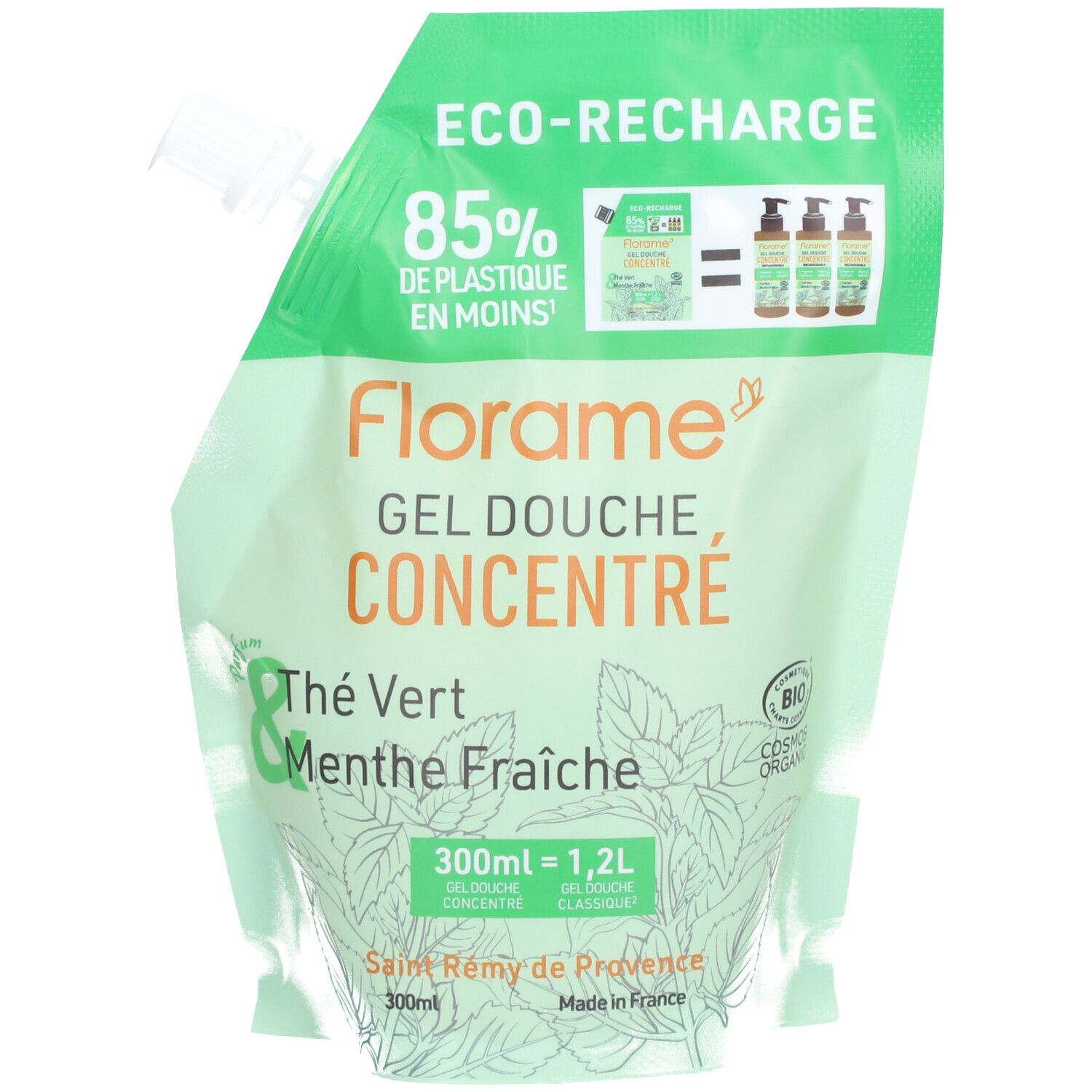Recharge verte. Texte: Florame Gel Douche Concentré Thé Vert & Menthe Fraîche. Logo et certification bio. 85% moins de plastique.
