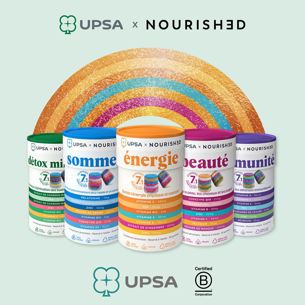Cinq contenants de produits. Inscription: UPSA x Nourished. Différents produits: Détox Minceur, Somme, Energie, Beauté, Immunité.