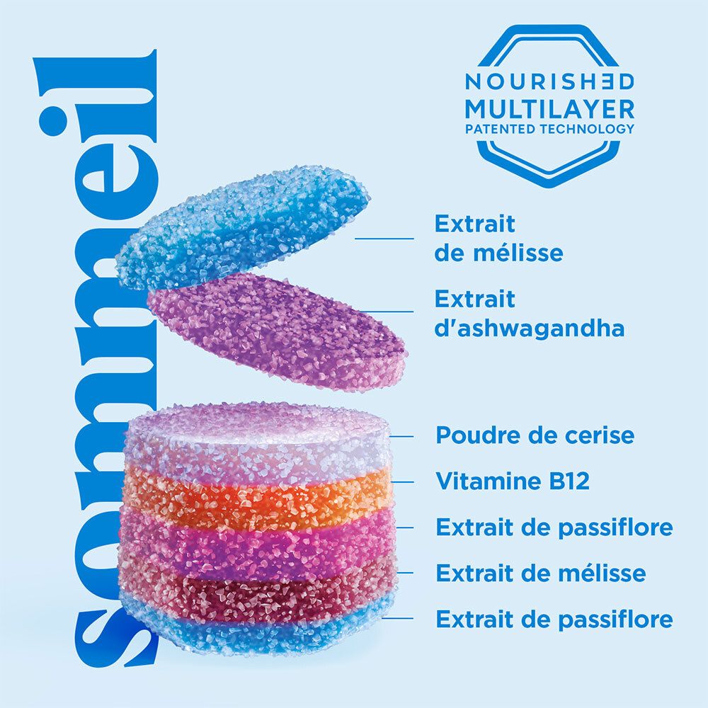 Gommes en couches. Texte: NOURISHED MULTILAYER. Ingrédients: Mélisse, Ashwagandha, poudre de cerise, vitamine B12, passiflore, etc.
