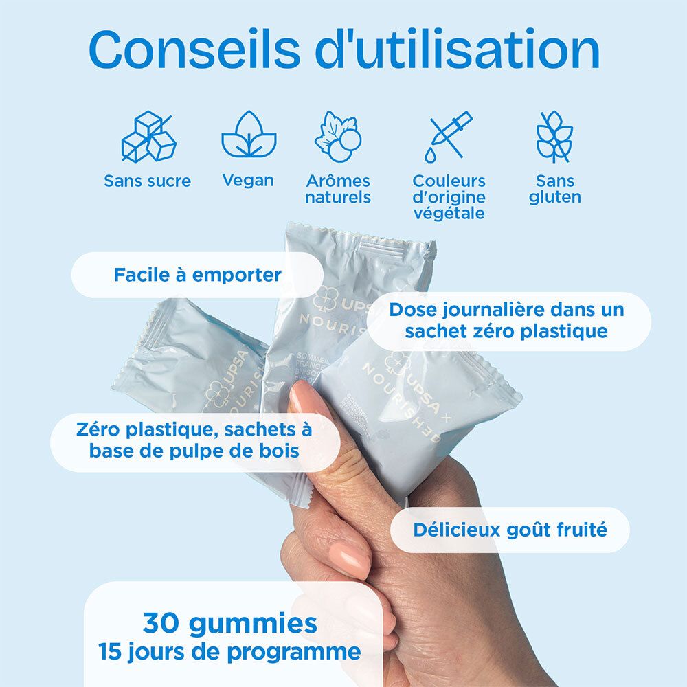Main tenant 3 sachets. Texte: Sans sucre, Vegan, Arômes naturels, Couleurs végétales, Sans gluten. 30 gummies, 15 jours.