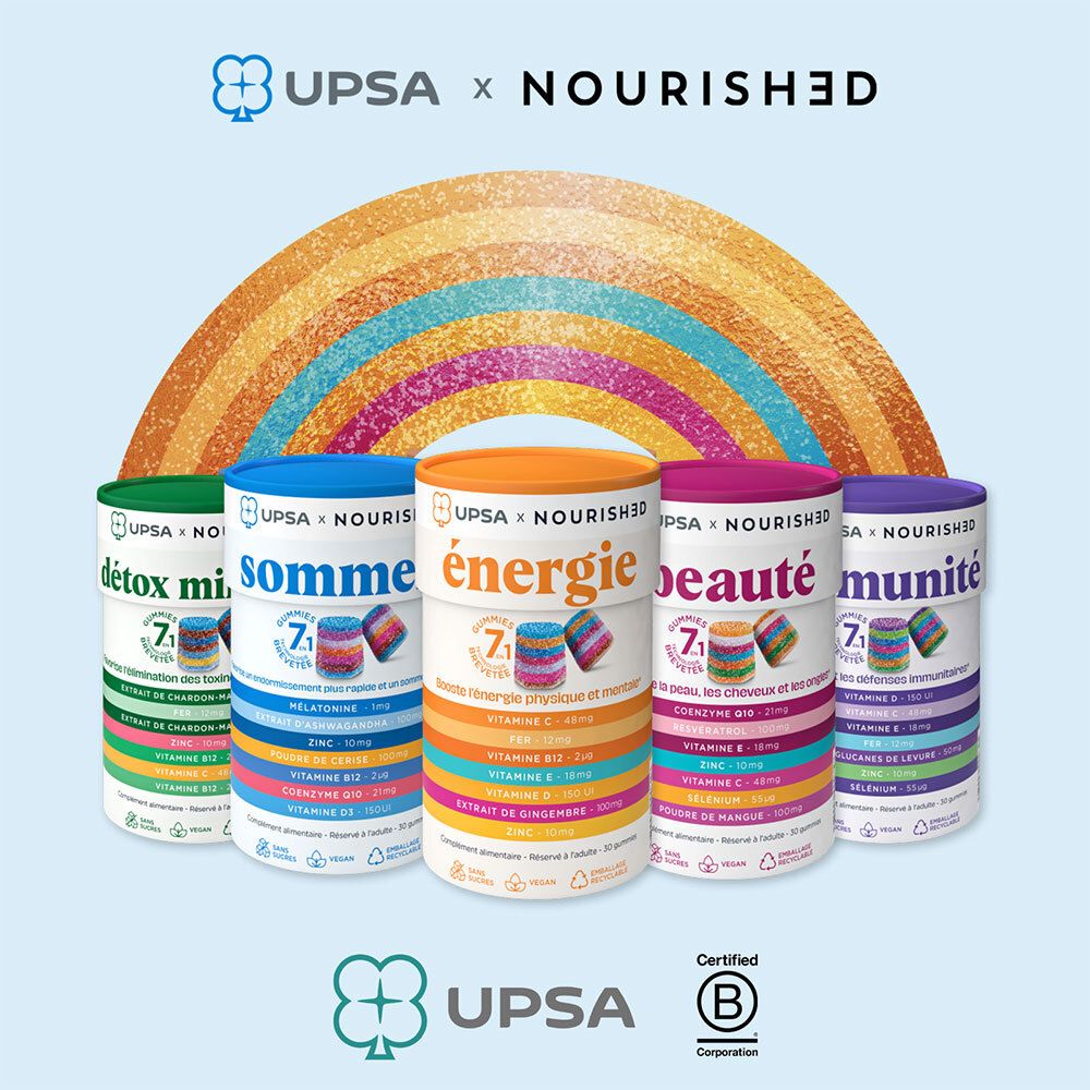 Cinq contenants de produits. Texte: UPSA x NOURISHED. Detox, sommeil, énergie, beauté, immunité. Certification B Corp.