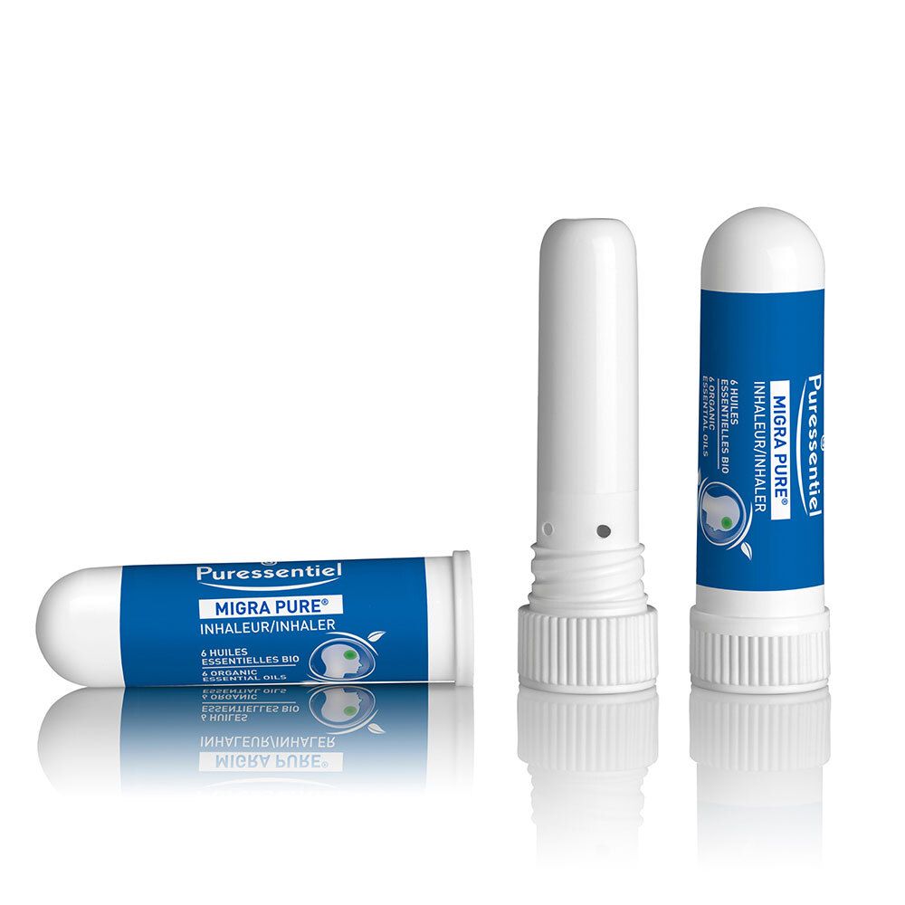 Inhalator mit blauem Band. Weißer Deckel. PURESSENTIEL MIGRAPURE. Drei Ansichten.