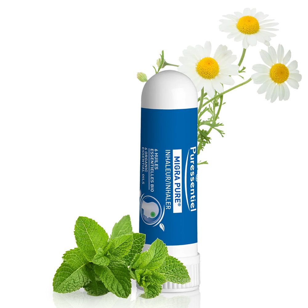 Inhalator mit blauem Band. Kamille und Minze. PURESSENTIEL MIGRAPURE.