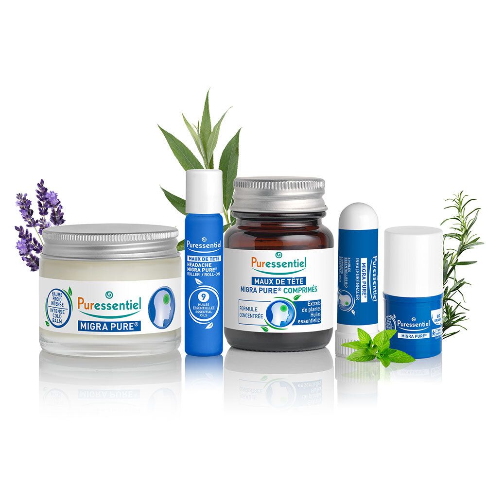 Verschiedene Produkte. PURESSENTIEL MIGRAPURE. Cremes, Tabletten und Inhalator.