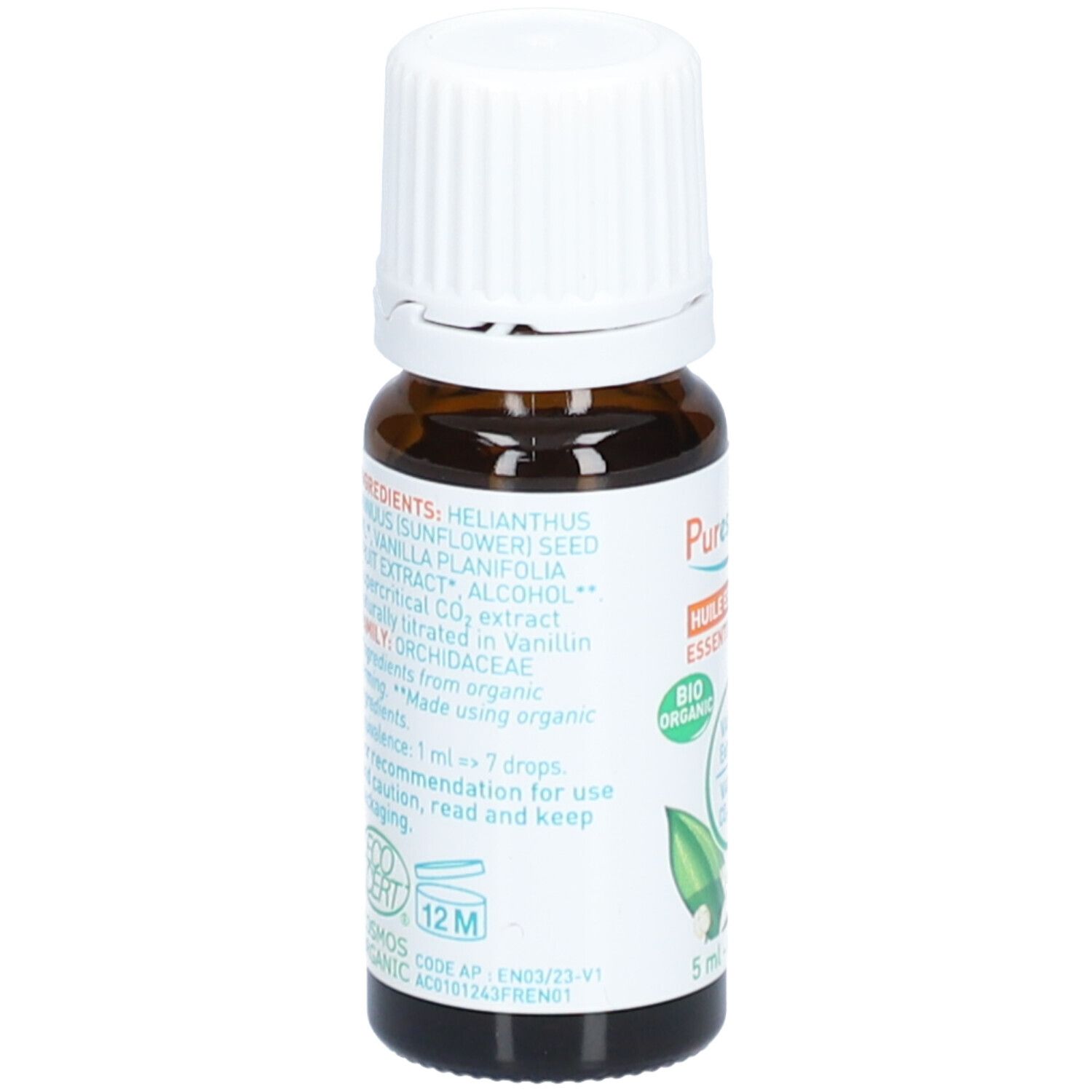Bruine glazen fles met witte dop. Etiket met ingrediënten en logo. "BIO ORGANIC"-zegel.