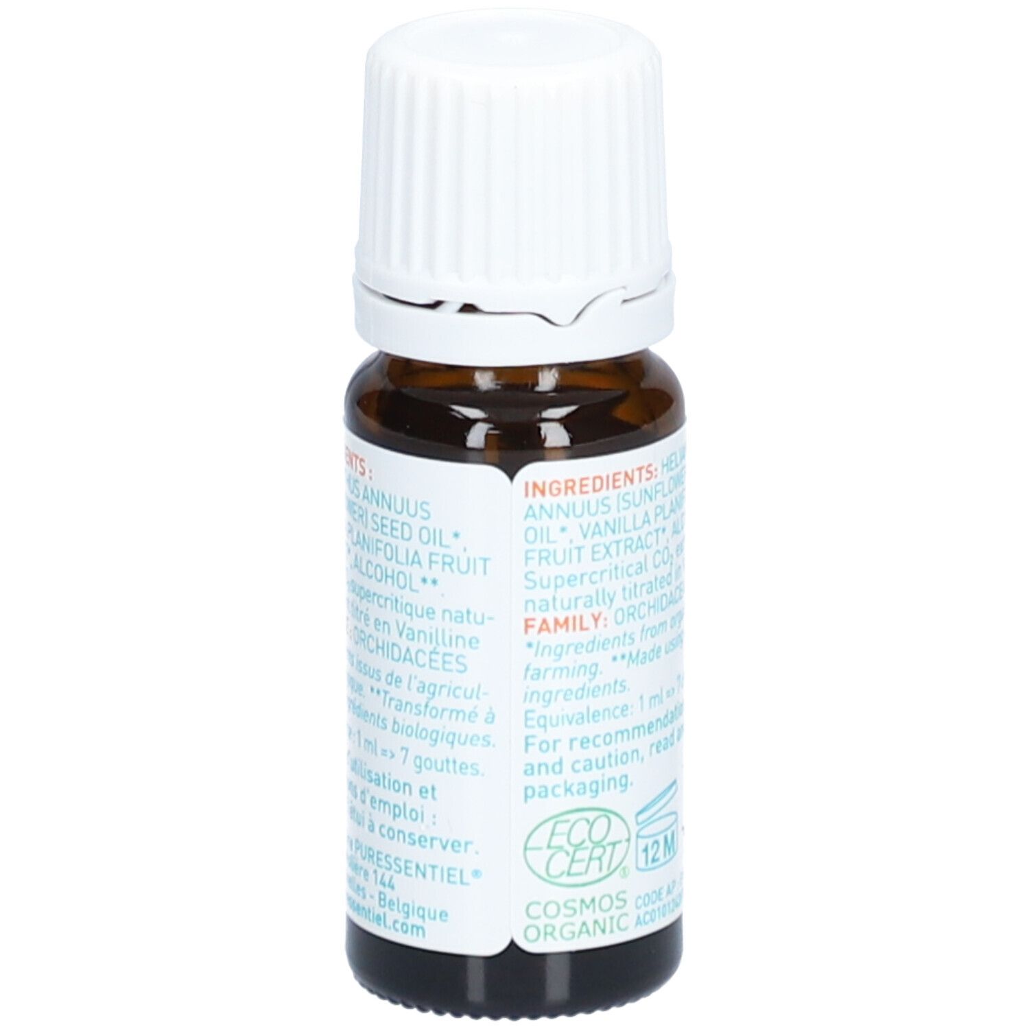Bruine glazen fles met witte dop. Etiket met ingrediënten en logo. "BIO ORGANIC"-zegel.