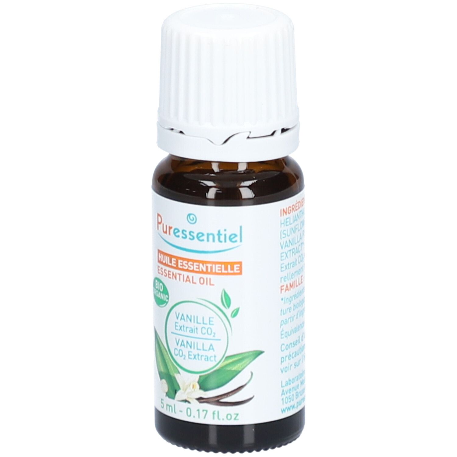 Bruine glazen fles met witte dop. Etiket met productinformatie en logo. "BIO ORGANIC"-zegel.