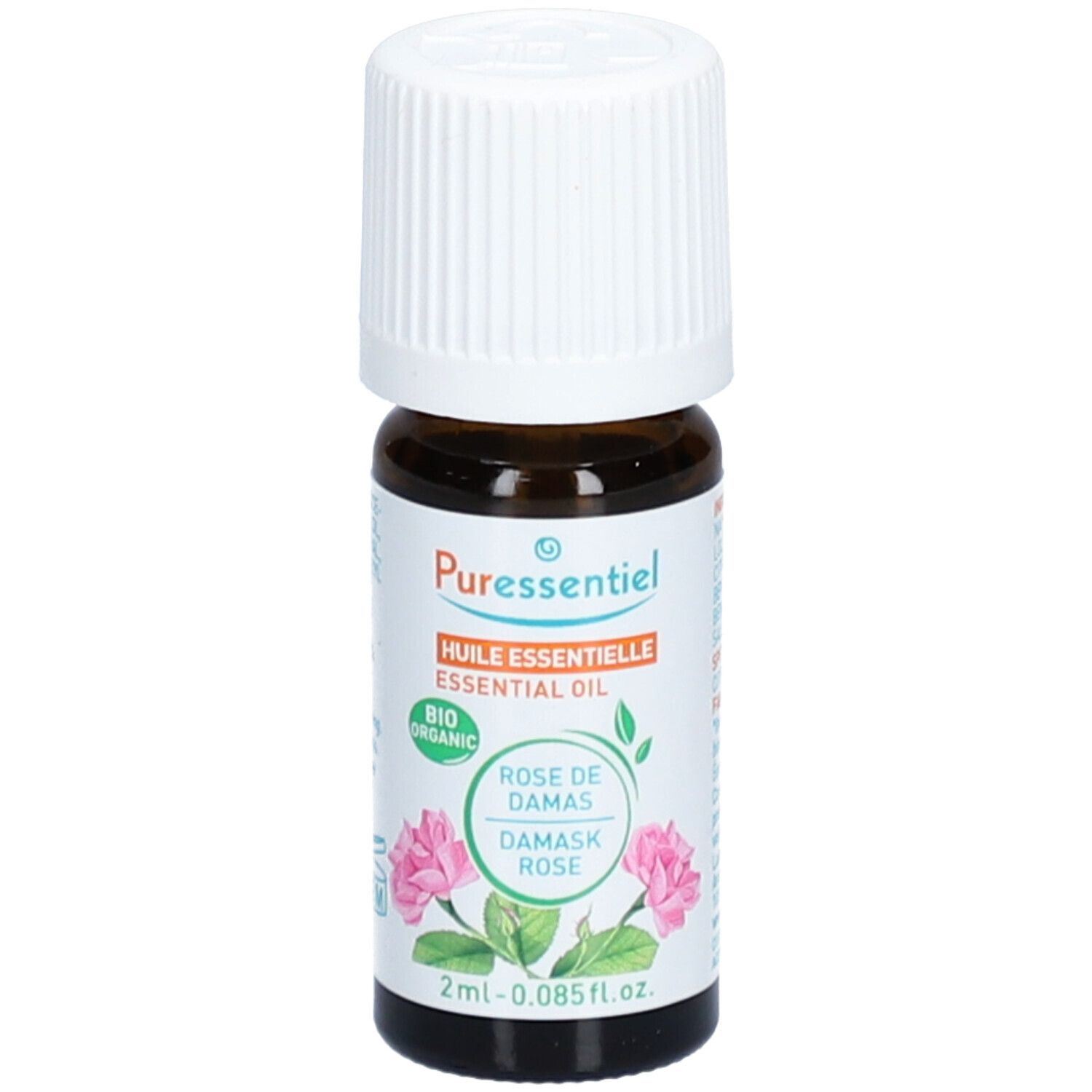 Braune Glasflasche mit weißem Deckel. Etikett mit Produktnamen, Rose-Illustration und Bio-Siegel. 2ml Inhalt.