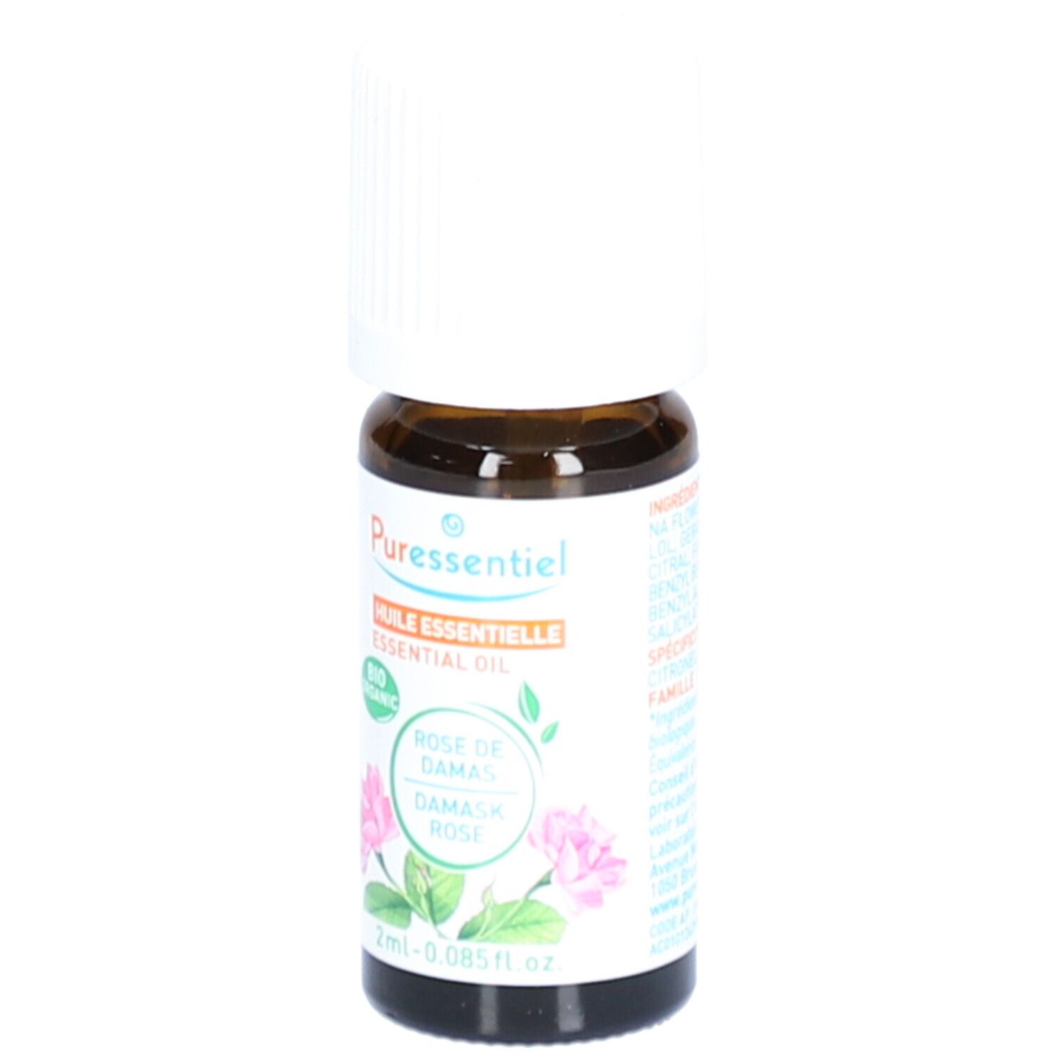 Braune Glasflasche mit weißem Deckel. Etikett mit Produktnamen, Rose-Illustration und Bio-Siegel. 2ml Inhalt.