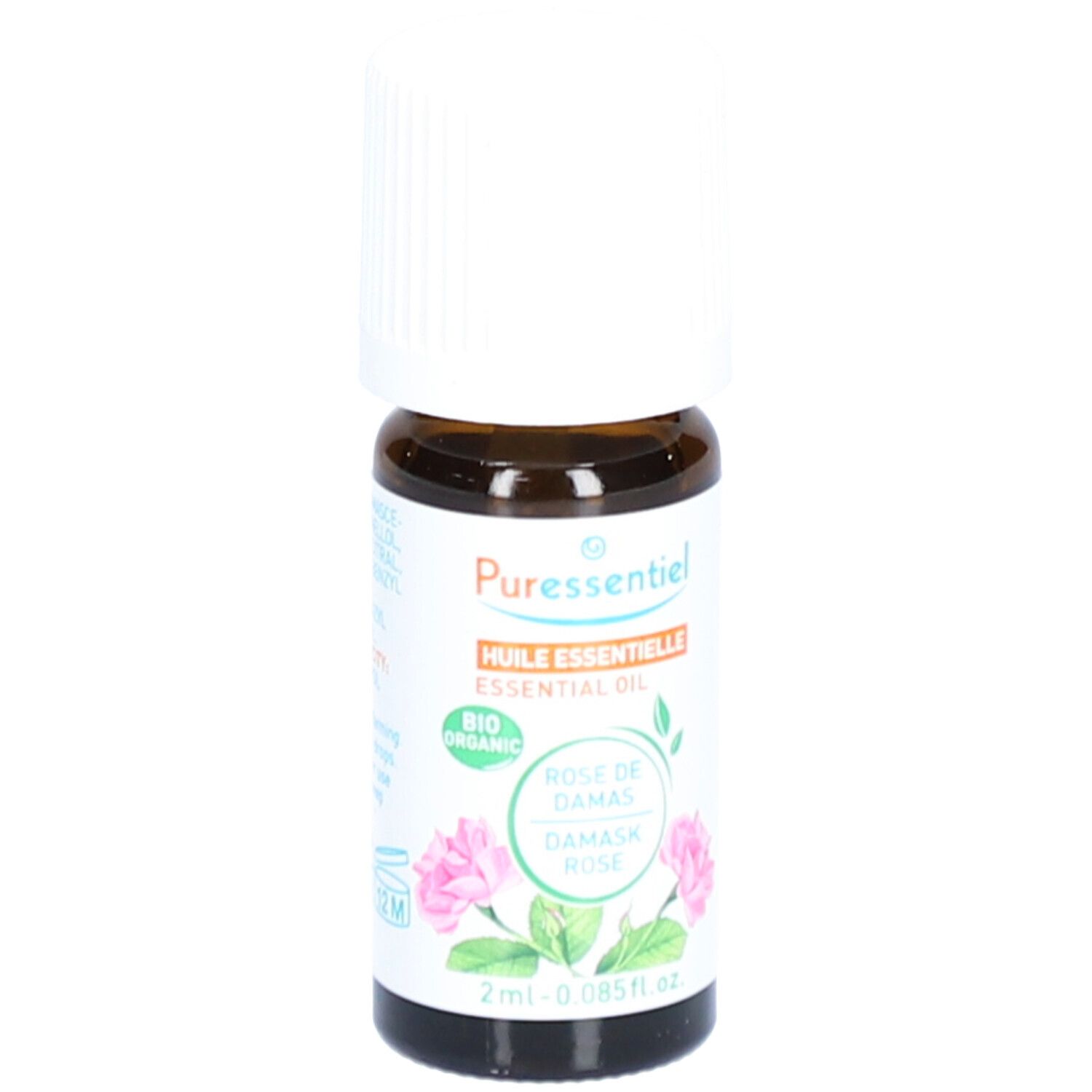 Braune Glasflasche mit weißem Deckel. Etikett mit Produktnamen, Rose-Illustration und Bio-Siegel. 2ml Inhalt.