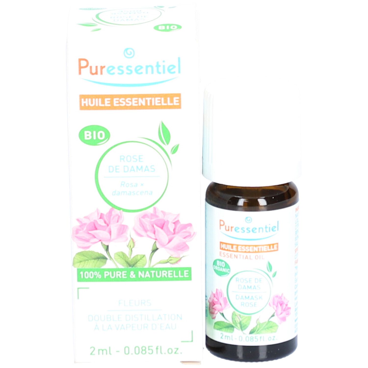 Produktflasche und Verpackung. Weiße Schachtel mit Produktnamen, Rose-Illustration und Bio-Siegel. 2ml Inhalt.