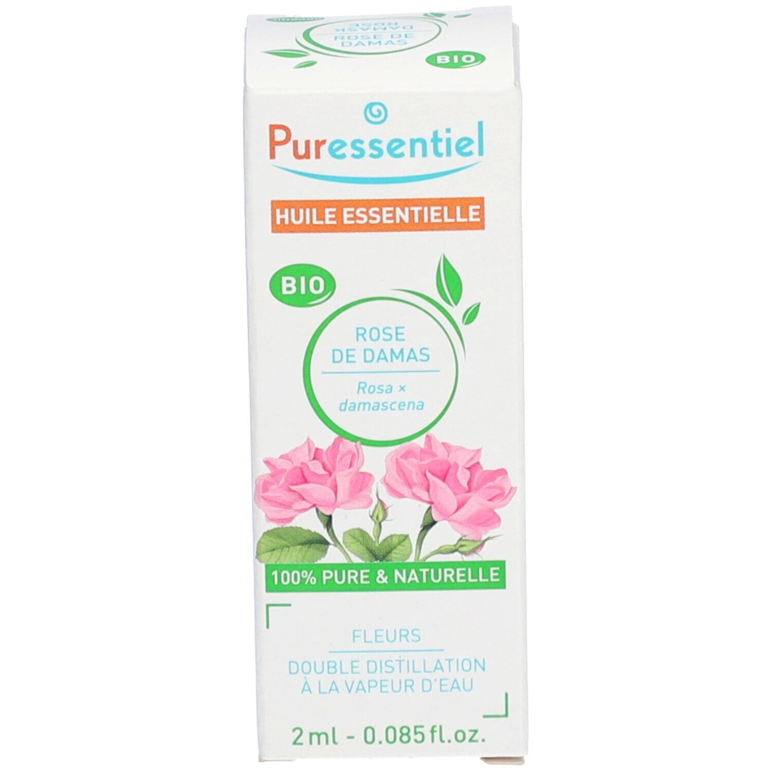 Weiße Verpackung mit Produktnamen, Rose-Illustration und Bio-Siegel. 2ml Inhalt.