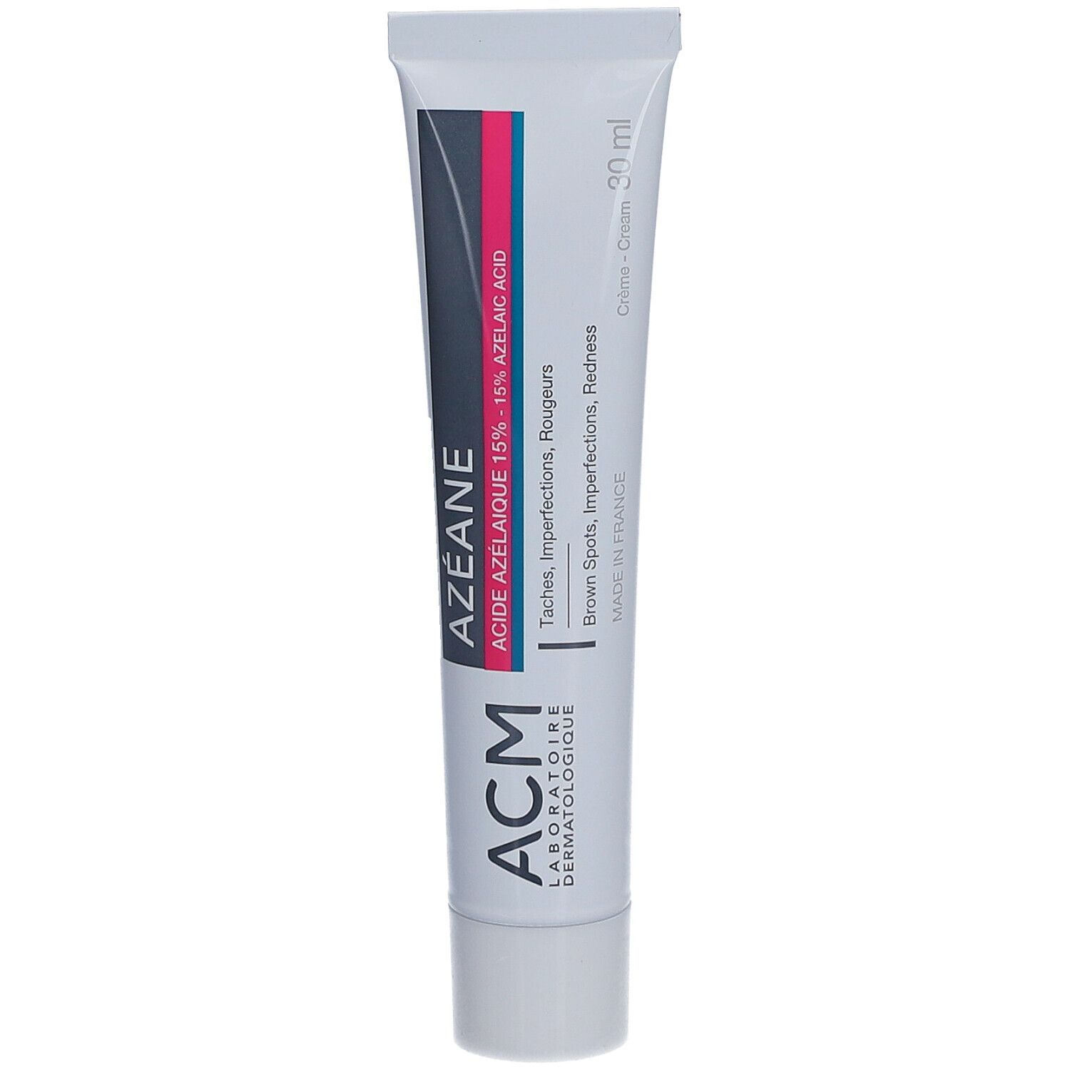 Tube de crème AZEANE, ACM. Contient 15% d'acide azélaïque. Pour taches, imperfections, rougeurs. 30 ml.