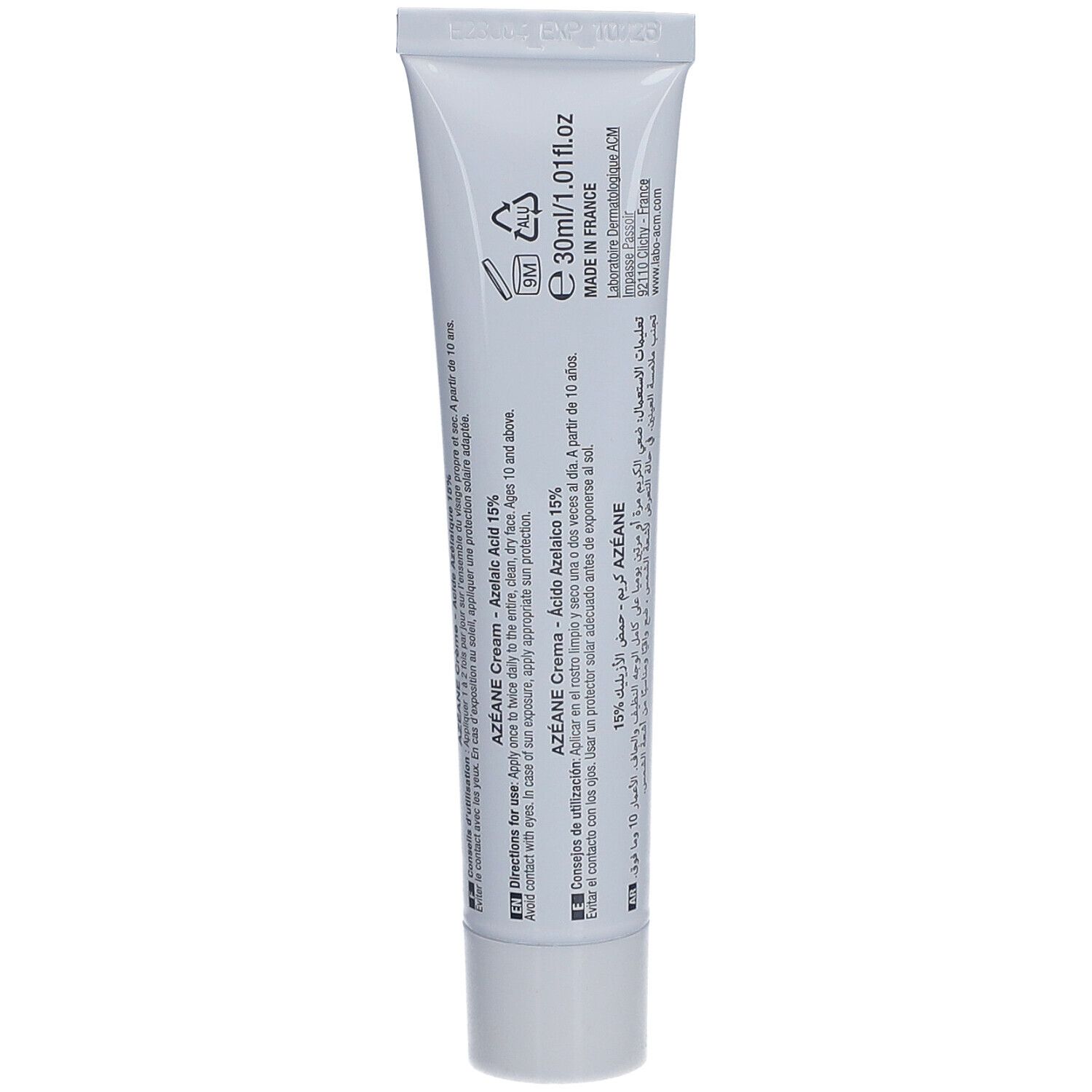 Dos du tube de crème AZEANE. Informations sur l'utilisation et les ingrédients. Fabriqué en France. 30 ml.