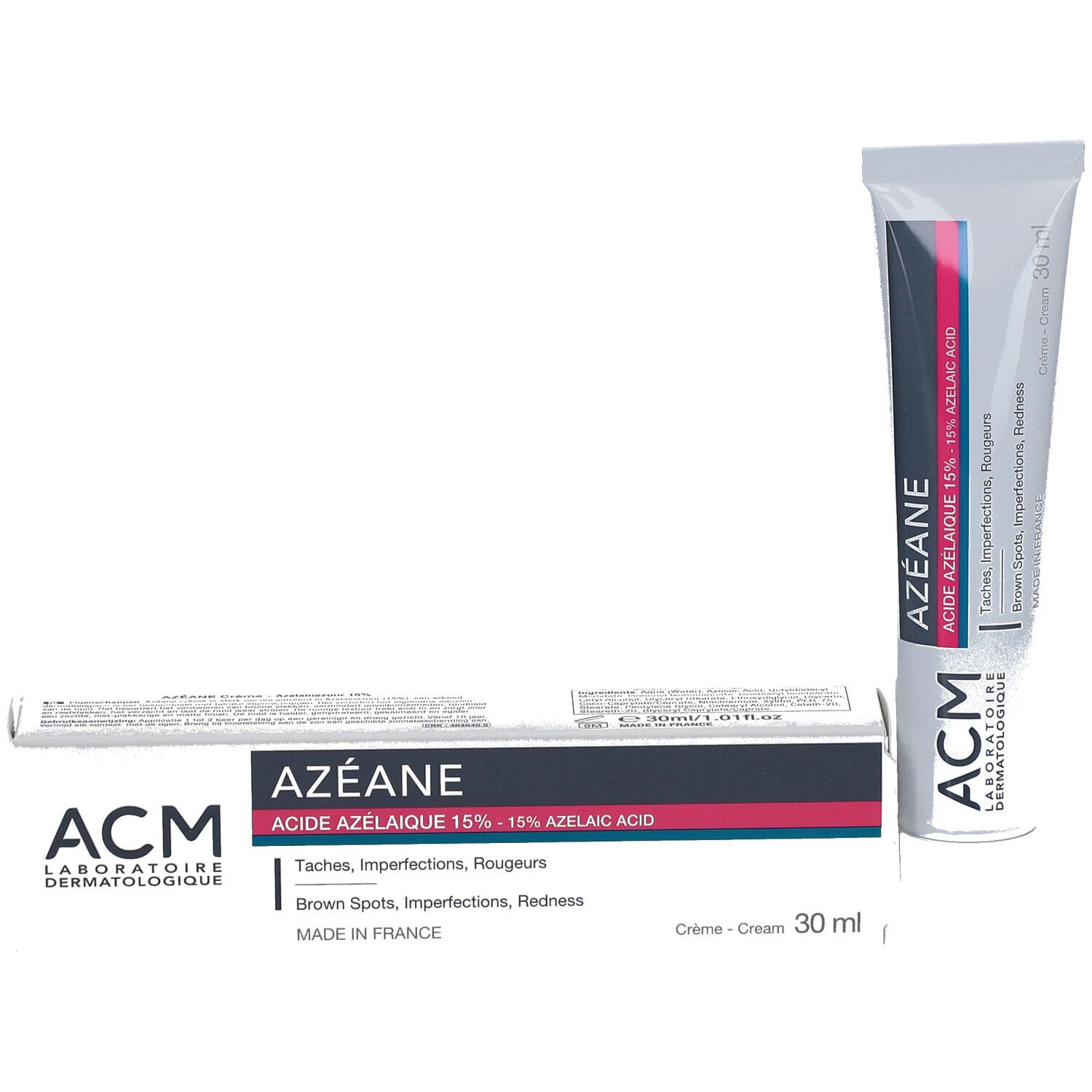 Emballage et tube de crème AZEANE. Inscription AZEANE, ACM. Pour taches, imperfections, rougeurs. 30 ml.