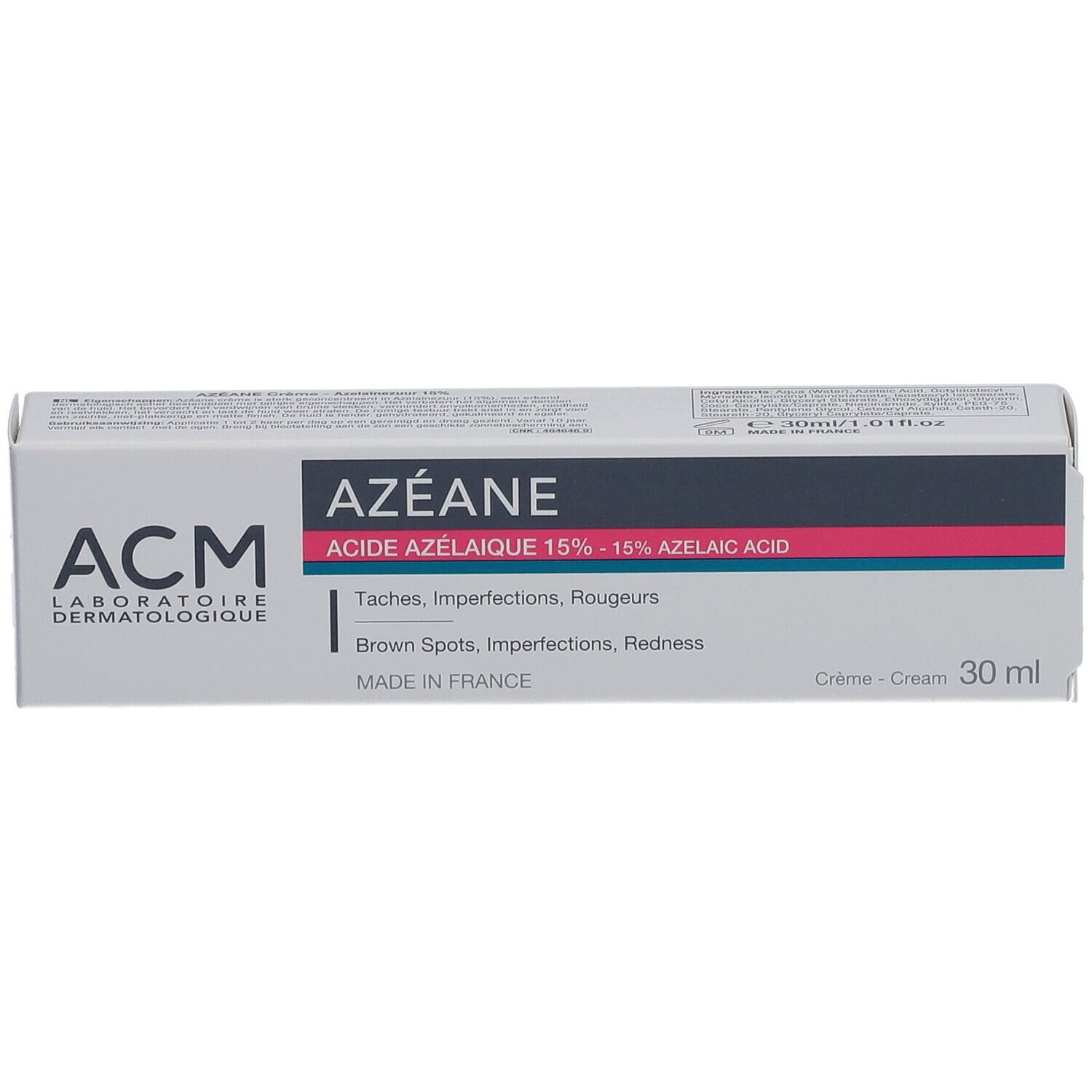 Boîte de crème AZEANE, ACM. Pour taches, imperfections, rougeurs. Contient 15% d'acide azélaïque. 30 ml.