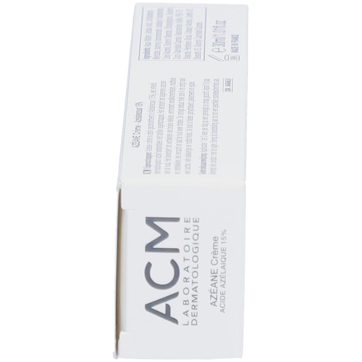 Vue latérale de la boîte de crème AZEANE, ACM. Contient des informations sur les ingrédients et l'utilisation.
