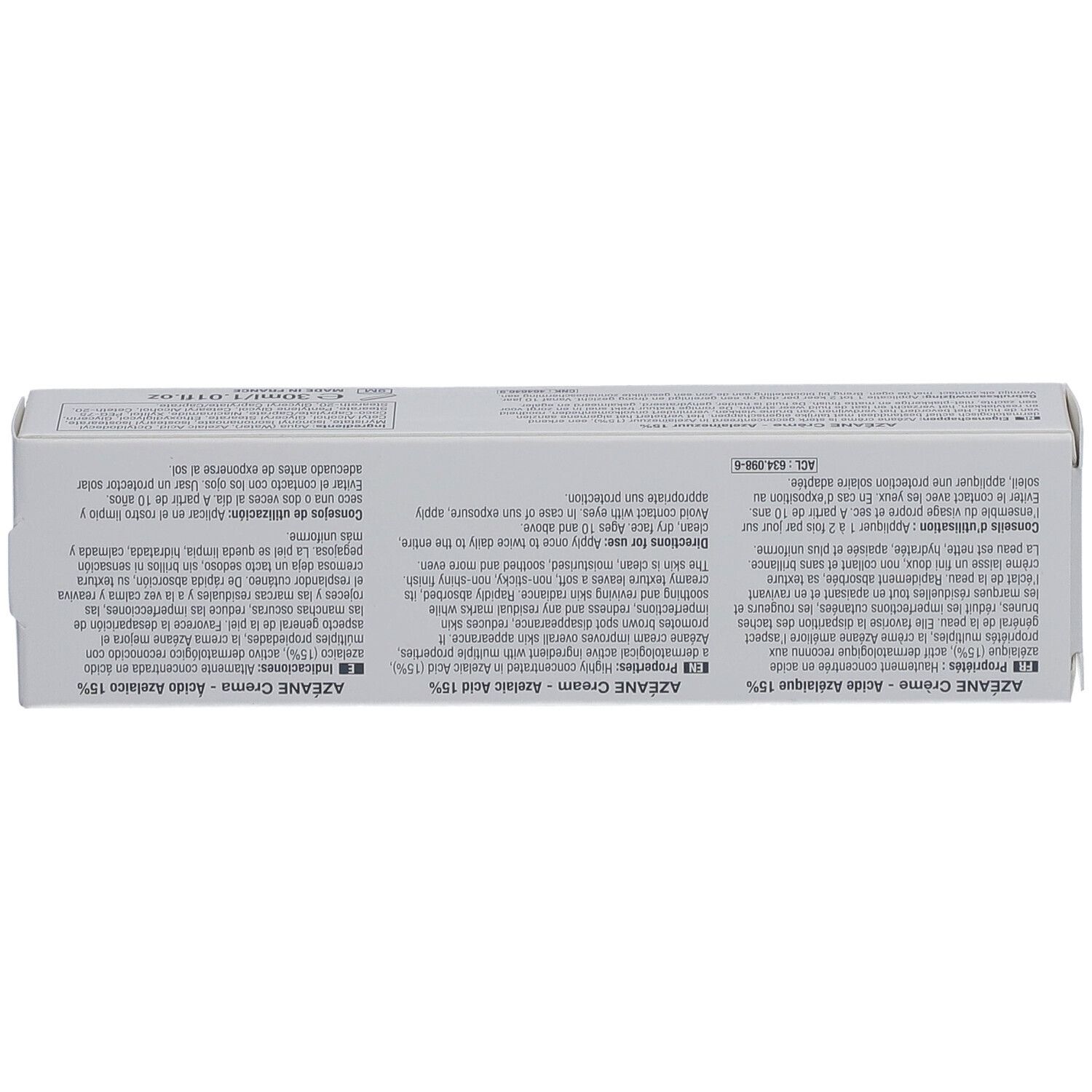 Dos de la boîte de crème AZEANE. Informations sur l'utilisation et les ingrédients. 30 ml.