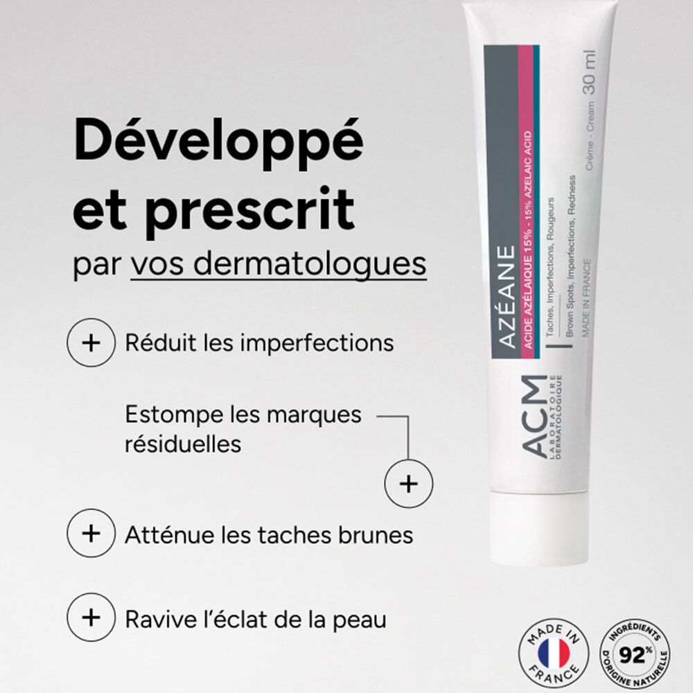 ACM Azéane Creme mit 15% Azelainsäure. Reduziert Unreinheiten, Narben und braune Flecken. Hergestellt in Frankreich.