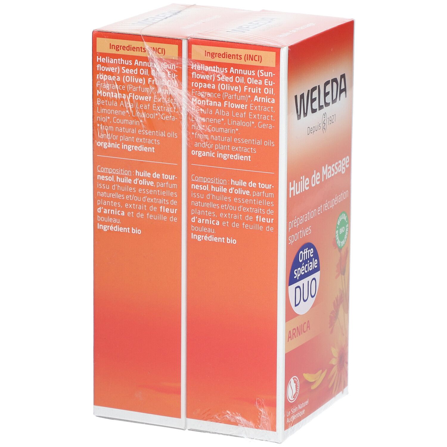 Dos de l'emballage WELEDA Huile de Massage à l'Arnica DUO. Liste des ingrédients et informations produit en français.