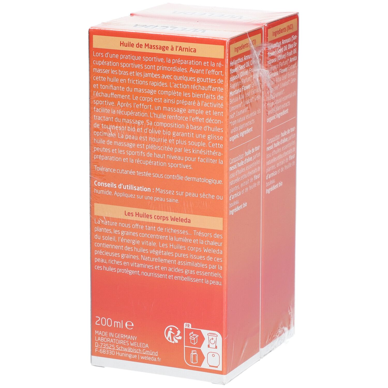 Côté de l'emballage WELEDA Huile de Massage à l'Arnica DUO. Description du produit, conseils d'utilisation et ingrédients.