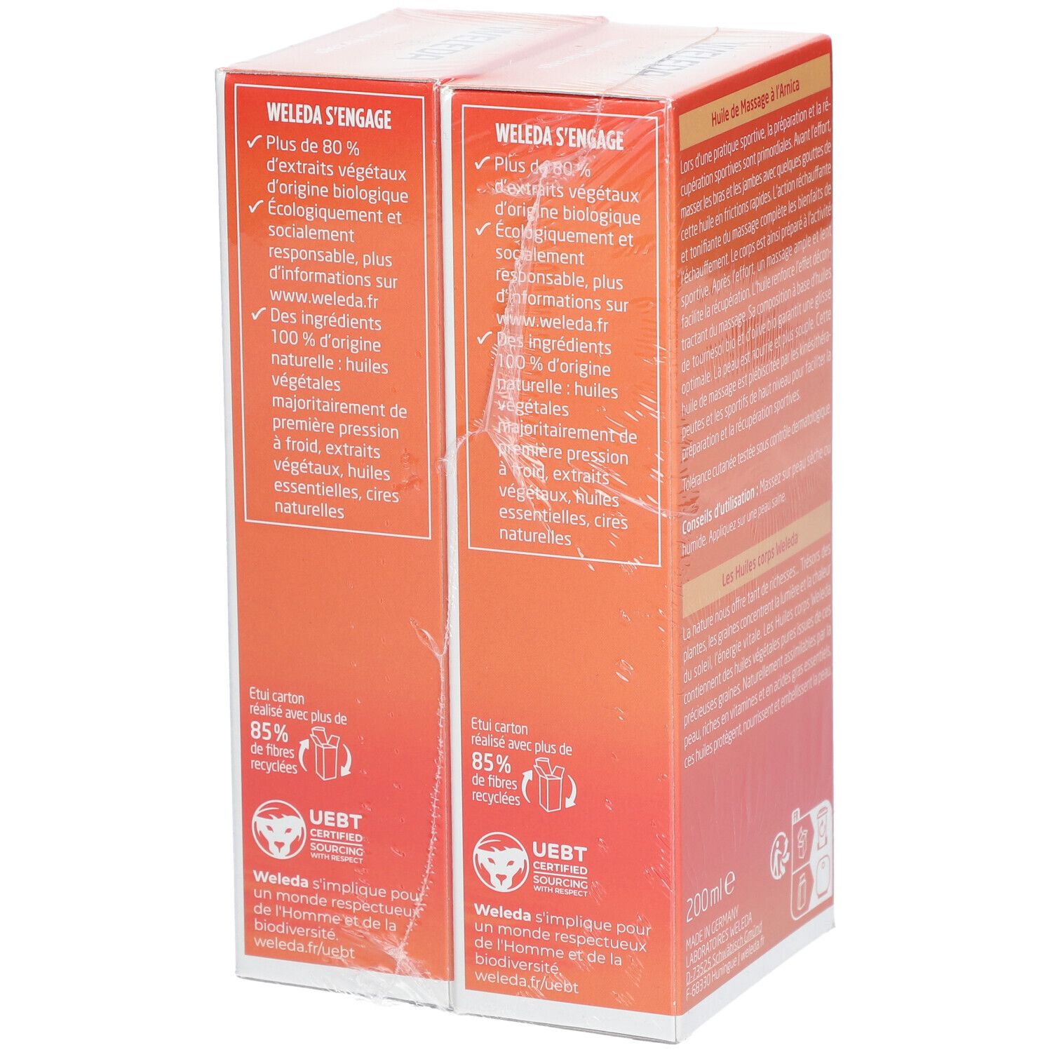 Côté de l'emballage WELEDA Huile de Massage à l'Arnica DUO. Informations sur le développement durable et le recyclage.