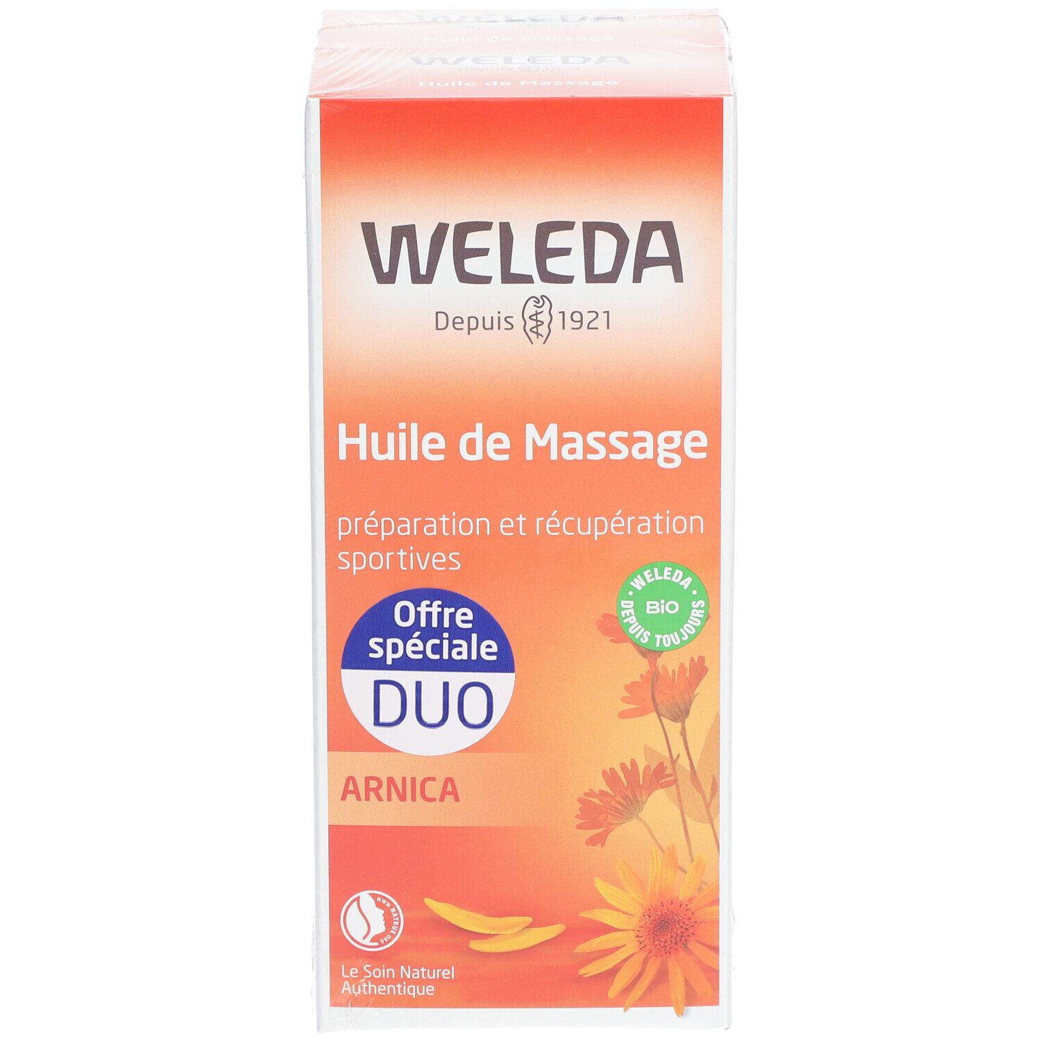 Vue de face de l'emballage WELEDA Huile de Massage à l'Arnica DUO. Nom du produit, logo et certifications.