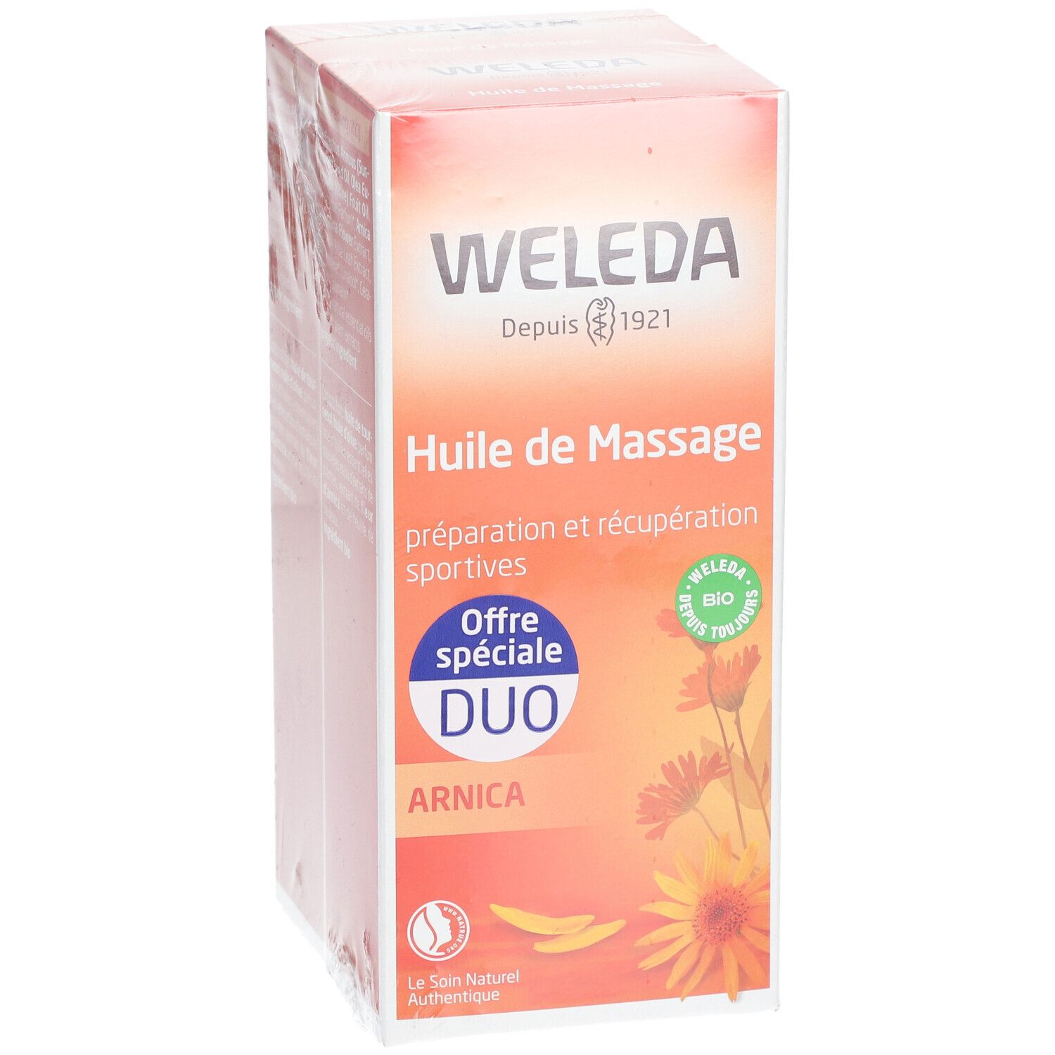Vue de face de l'emballage WELEDA Huile de Massage à l'Arnica DUO. Nom du produit, logo et certifications.