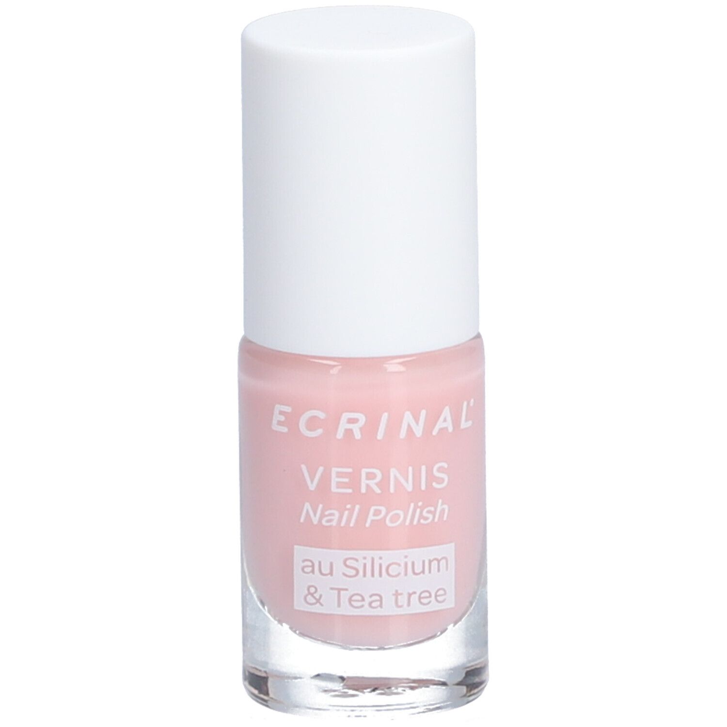 Flacon de vernis à ongles rose avec bouchon blanc. Inscription: ECRINAL, Vernis, Nail Polish, au Silicium & Tea tree.