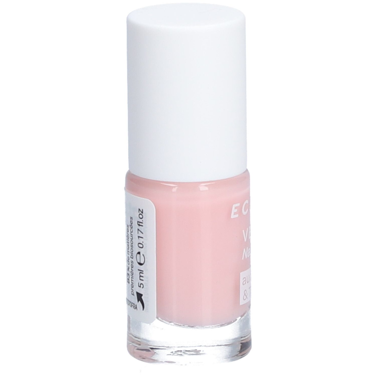 Flacon de vernis à ongles rose, bouchon blanc. Inscription: ECRINAL, Vernis, Nail Polish. Volume: 5 ml, 0.17 fl.oz.
