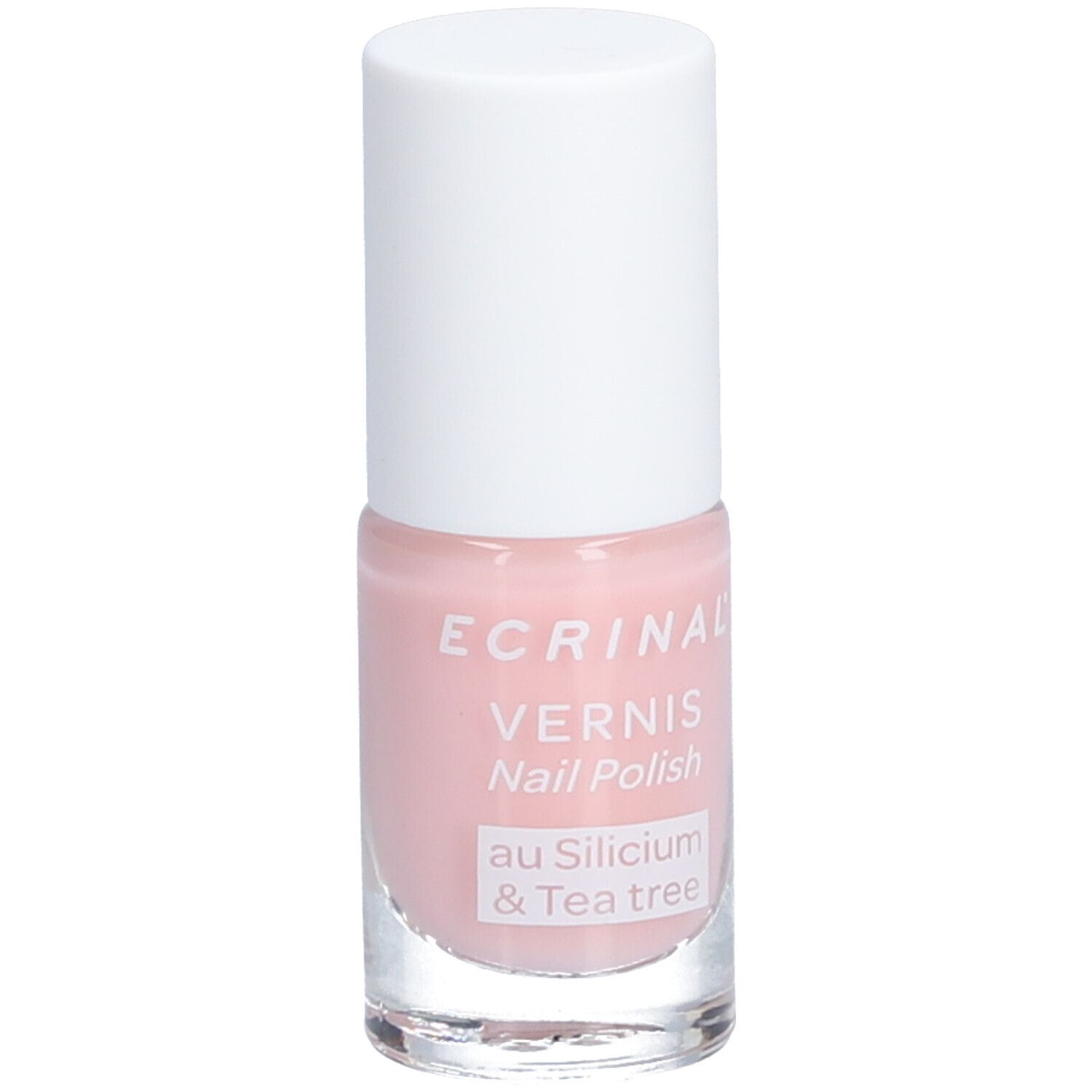 Flacon de vernis à ongles rose avec bouchon blanc. Inscription: ECRINAL, Vernis, Nail Polish, au Silicium & Tea tree.