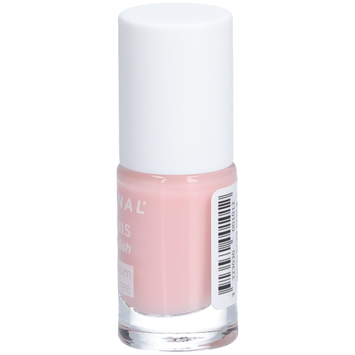 Flacon de vernis à ongles rose, bouchon blanc. Inscription: ECRINAL, Vernis, Nail Polish, au Silicium & Tea tree. Code-barres.