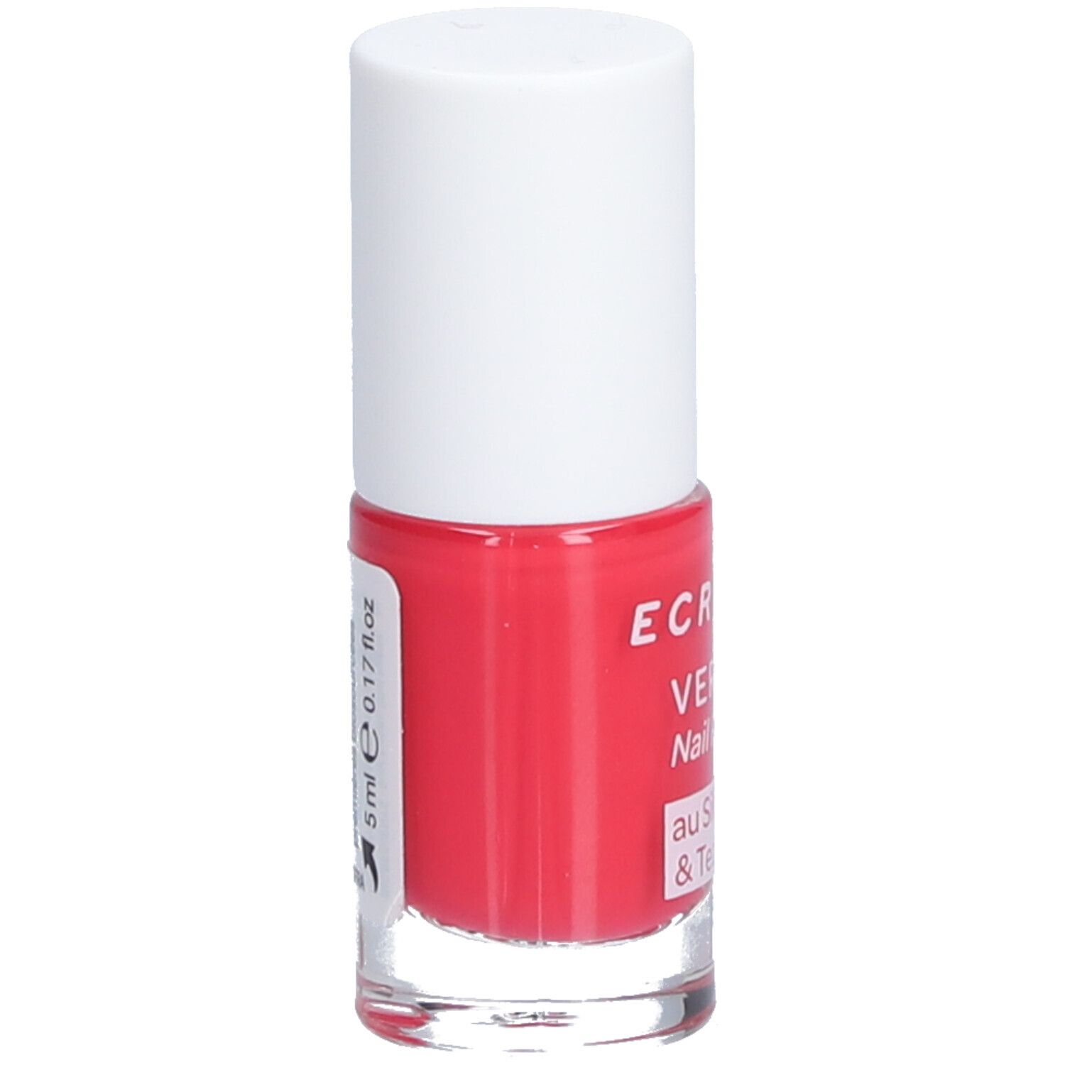 Flacon de vernis à ongles rouge, bouchon blanc. Inscription: ECRINAL, VERNIS, Nail Polish, 5 ml, au Silicium & Tea tree.