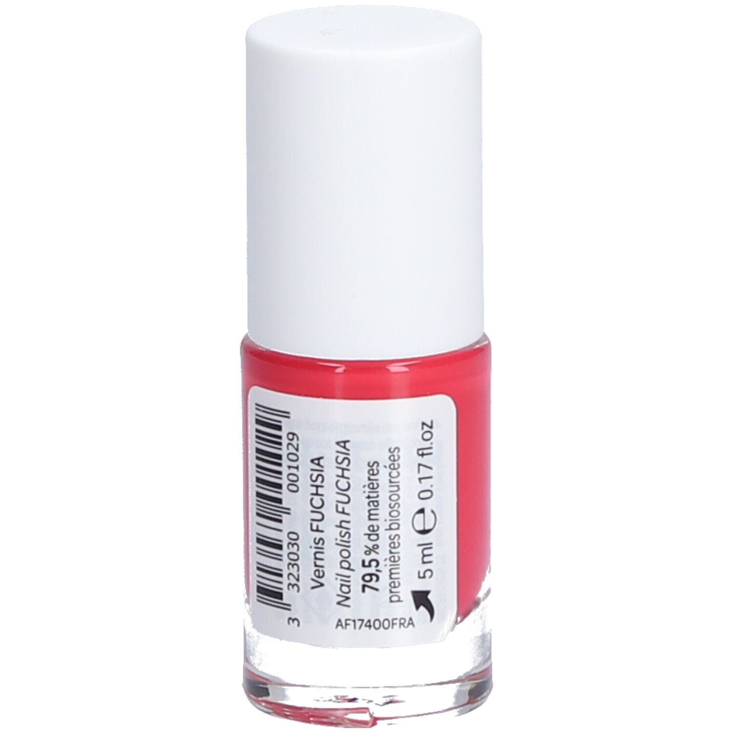 Flacon de vernis à ongles rouge, bouchon blanc. Inscription: ECRINAL, Nail polish FUSCHIA, 79.5% de matières premières biosourcées, 5 ml.