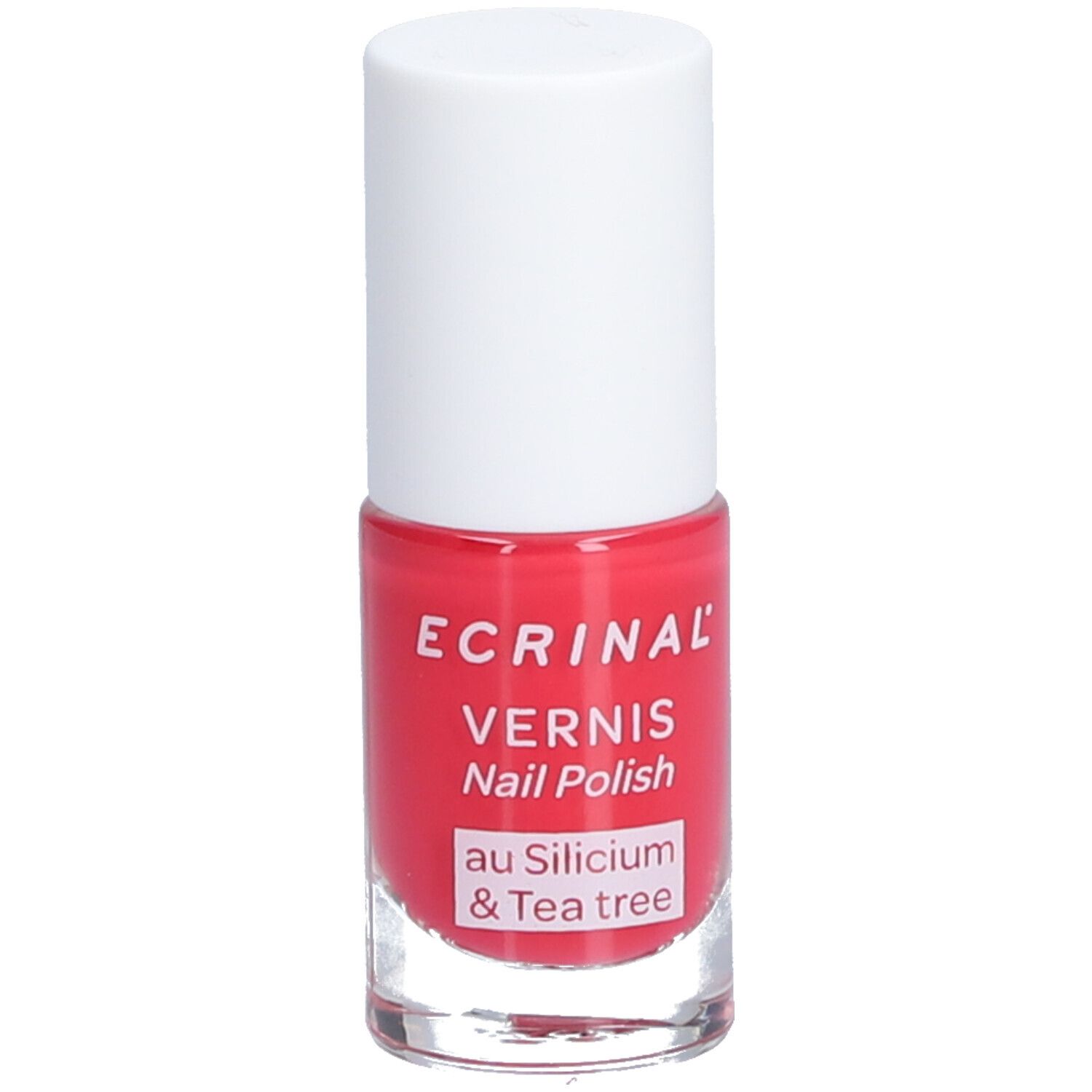 Flacon de vernis à ongles rouge, bouchon blanc. Inscription: ECRINAL, VERNIS, Nail Polish, au Silicium & Tea tree.