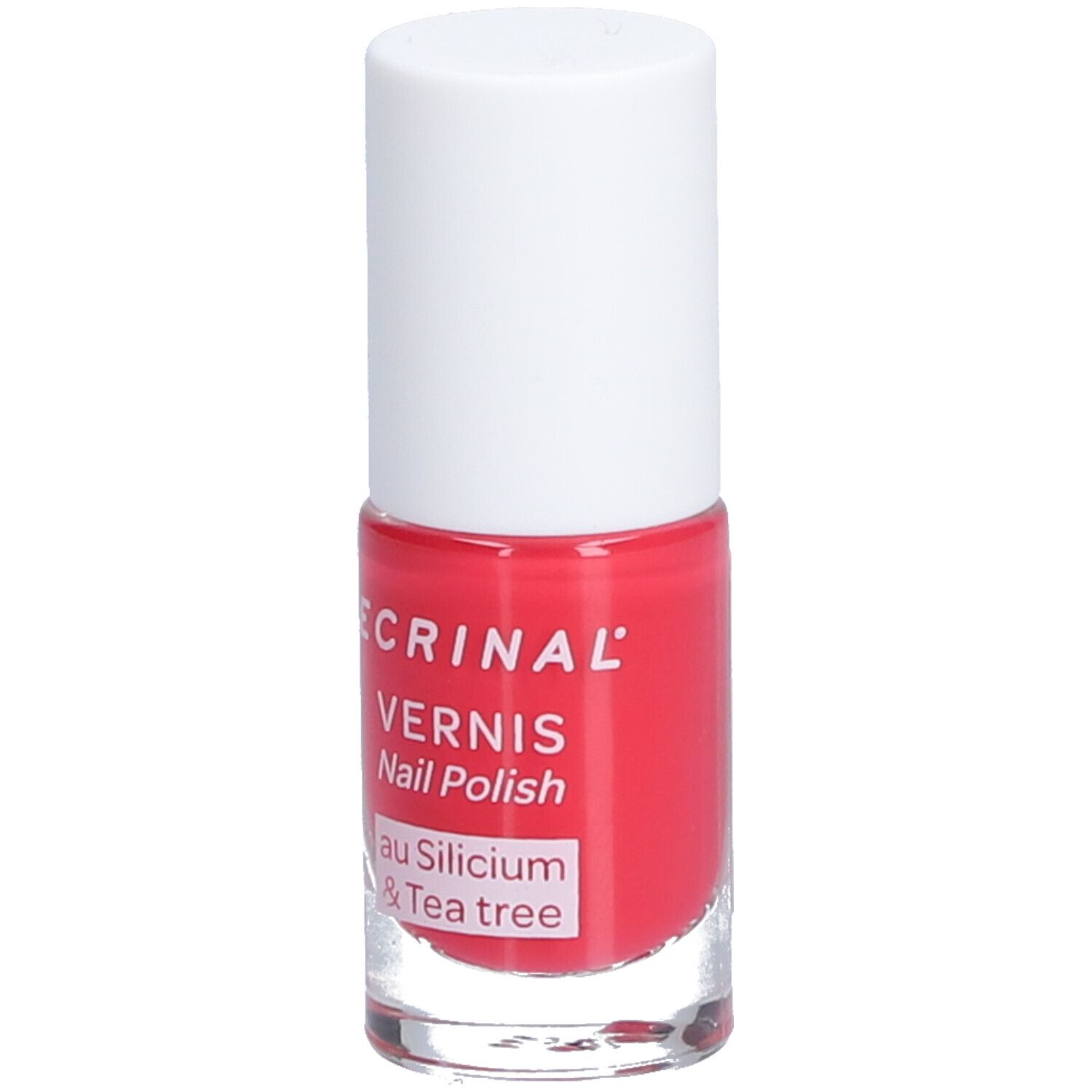 Flacon de vernis à ongles rouge, bouchon blanc. Inscription: ECRINAL, VERNIS, Nail Polish, au Silicium & Tea tree.