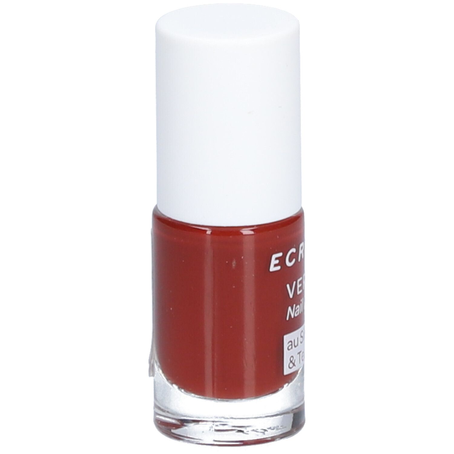 Flacon de vernis à ongles avec bouchon blanc. Couleur: Terracotta. Inscription: ECRINAL, VERNIS, Nail Polish, au Silicium & Tea tree.