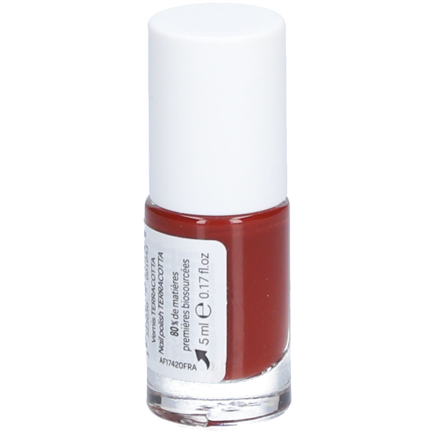 Flacon de vernis à ongles avec bouchon blanc. Inscription: Vernis Terracotta, 5 ml, 80% matières premières biosourcées. Couleur: Terracotta.