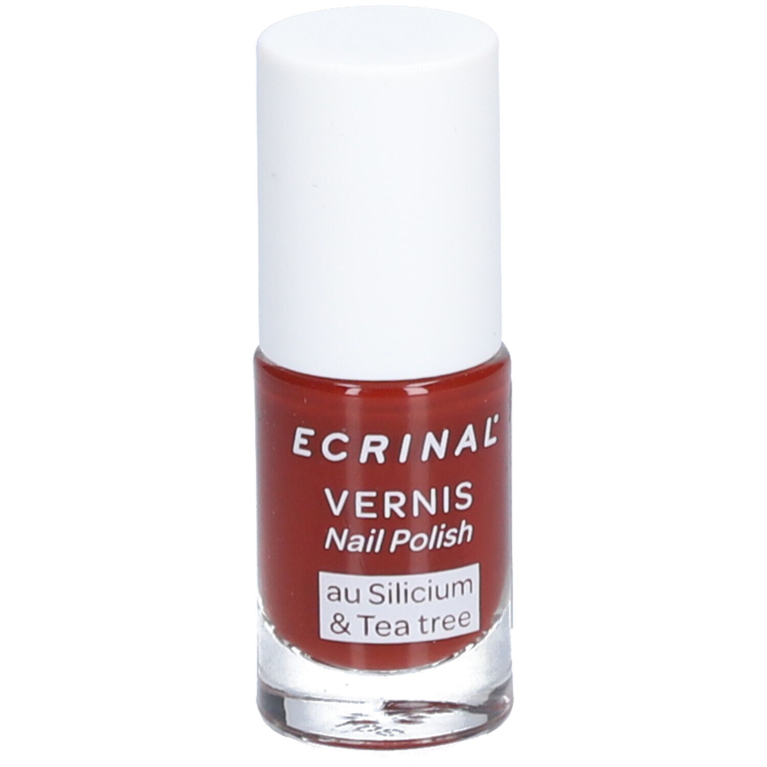 Flacon de vernis à ongles avec bouchon blanc. Inscription: ECRINAL, VERNIS, Nail Polish, au Silicium & Tea tree. Couleur: Terracotta.