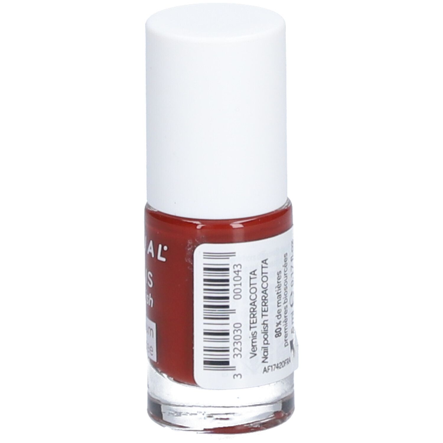 Flacon de vernis à ongles avec bouchon blanc. Inscription: ECRINAL, VERNIS, Nail Polish, au Silicium & Tea tree. Couleur: Terracotta.