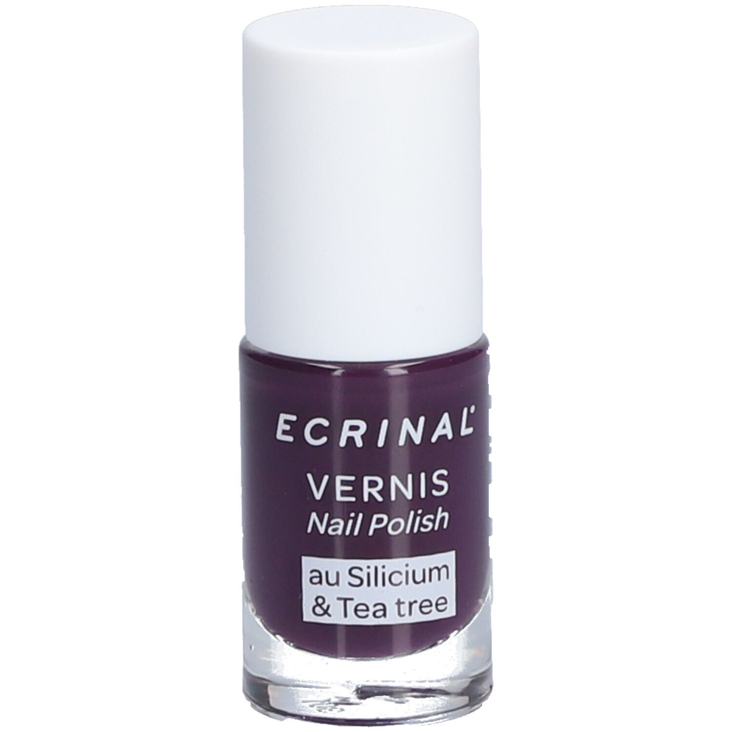 Flasche Nagellack, violett. Weißer Deckel, transparente Basis. Aufschrift: ECRINAL, VERNIS, Nail Polish, au Silicium & Tea tree.