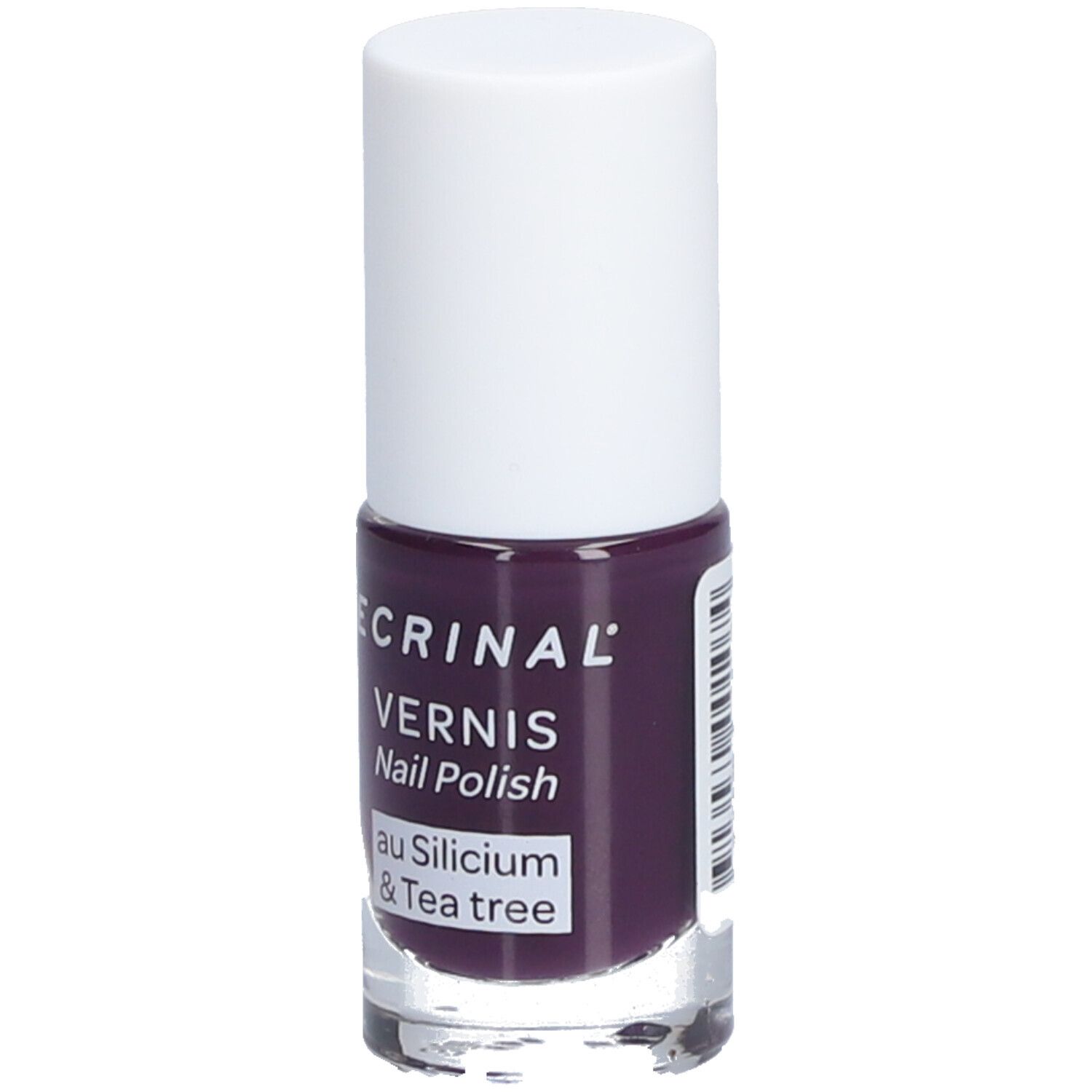 Flasche Nagellack, violett. Weißer Deckel, transparente Basis. Aufschrift: ECRINAL, VERNIS, Nail Polish, au Silicium & Tea tree.