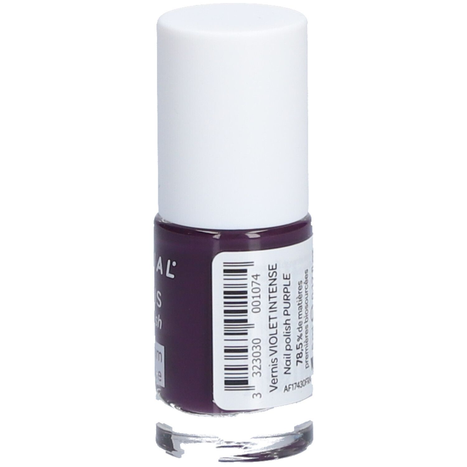 Flasche Nagellack, violett. Weißer Deckel, transparente Basis. Aufschrift: Vernis violet intense, 5 ml, 78.5% de matières premières biosourcées.