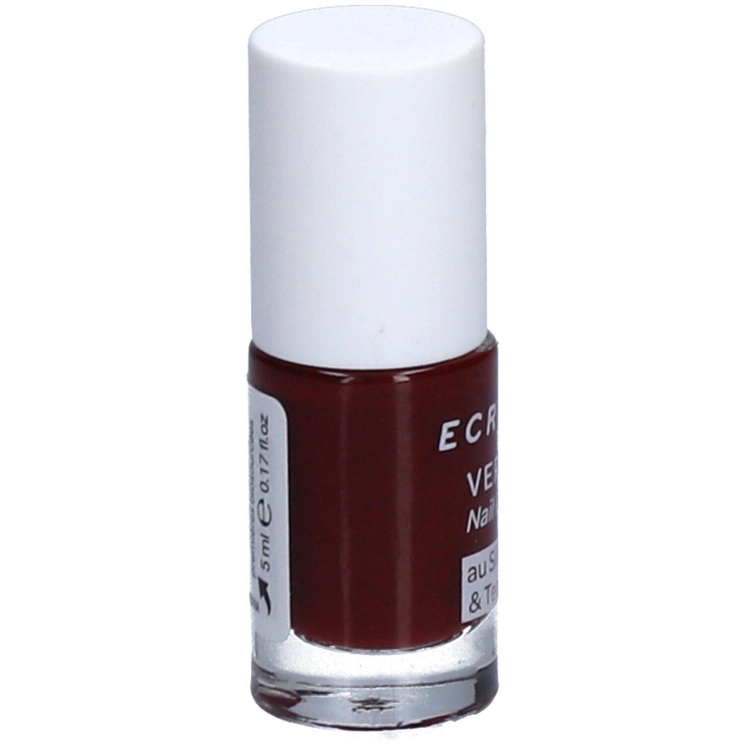 Nagellackflasche mit weißem Deckel. Aufschrift: ECRINAL, VERNIS, Nail Polish. Rote Flüssigkeit sichtbar. Volumen: 5 ml.